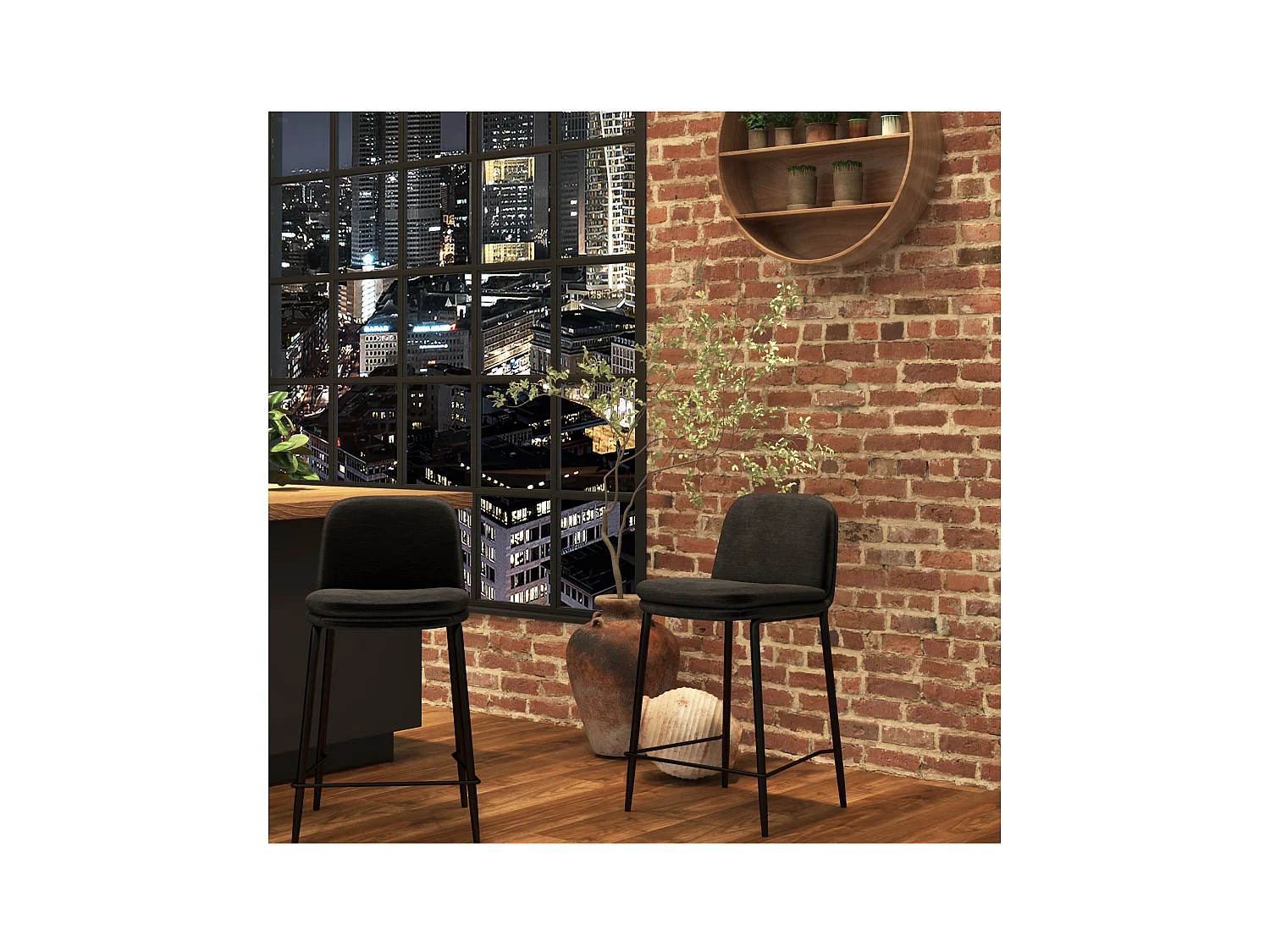 NOLAN-Sedia da bar in metallo nero e tessuto nero (x2)