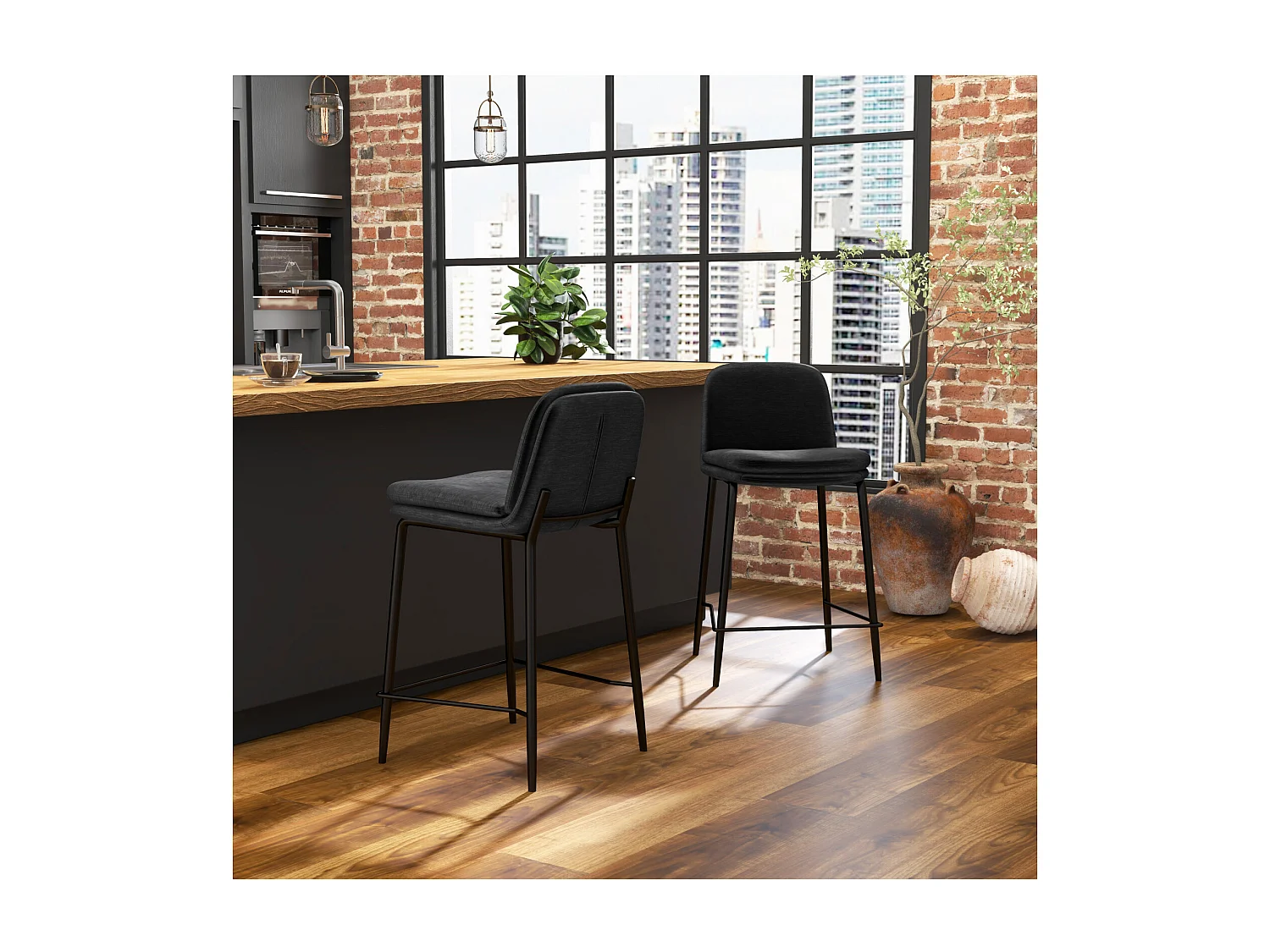 NOLAN-Chaise de bar tissu Retro Noir (x2)