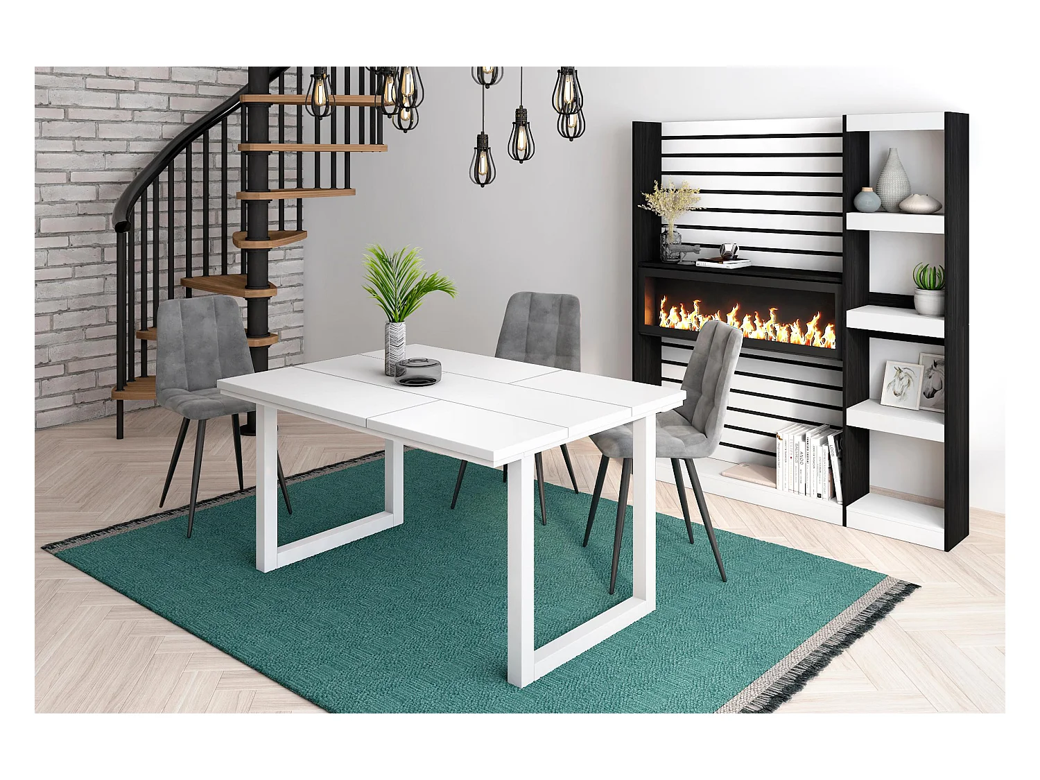 Table à manger, 6 personnes, 140x90x75cm, Robuste et stable grâce à sa structure et aux pieds solides, Blanc, Style industriel