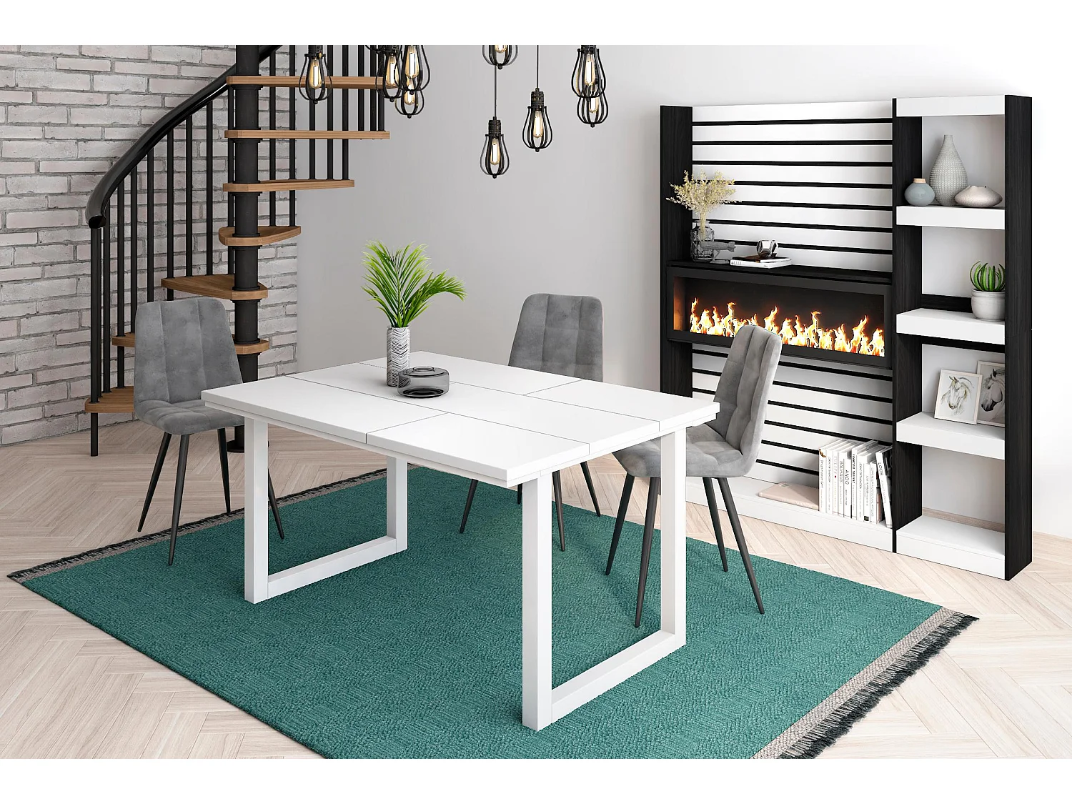 Eettafel, 6 personen, 140x90x75cm, Robuust en stabiel dankzij zijn structuur en solide poten, Wit, Industriële stijl