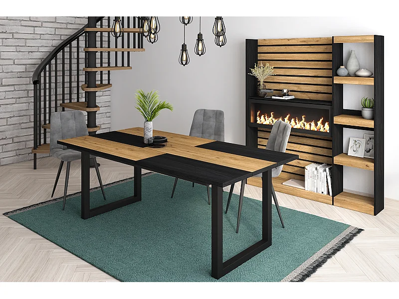 Table à manger, 10 personnes, 194x90x75cm, Robuste et stable grâce à sa structure et aux pieds solides, Chêne et noir, Style industriel