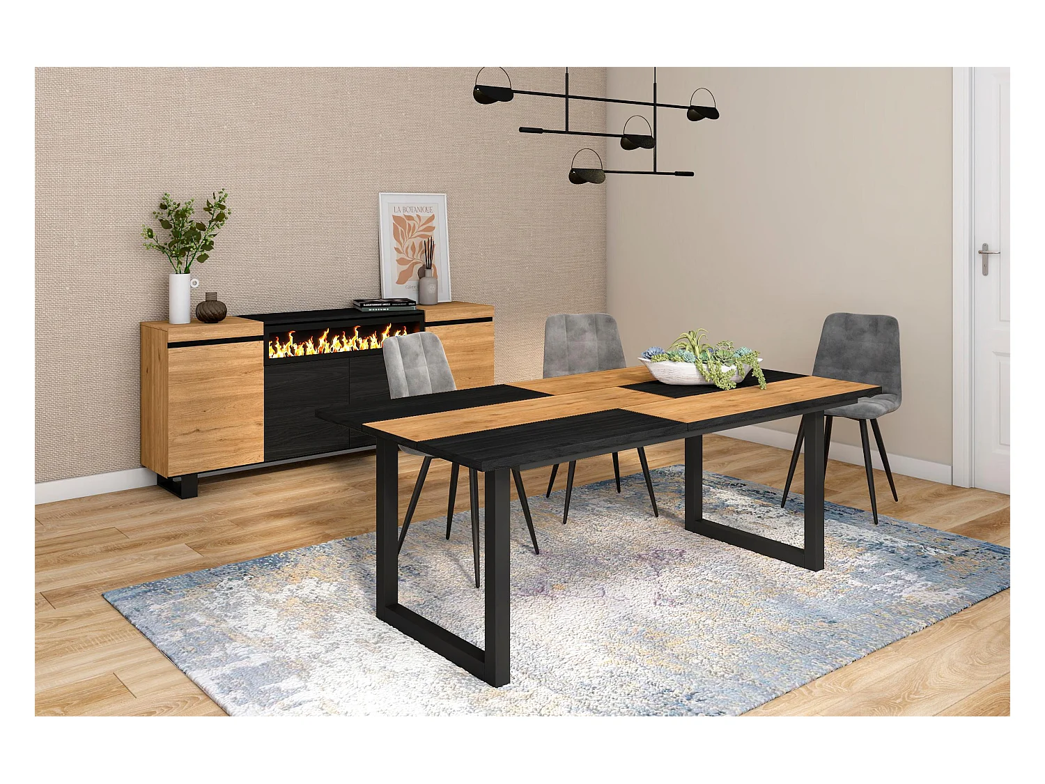 Mesa de sala de jantar, 10 pessoas, 194x90x75cm, Robusto e estável graças à sua estrutura e pernas sólidas, Carvalho e Black, Estilo industrial