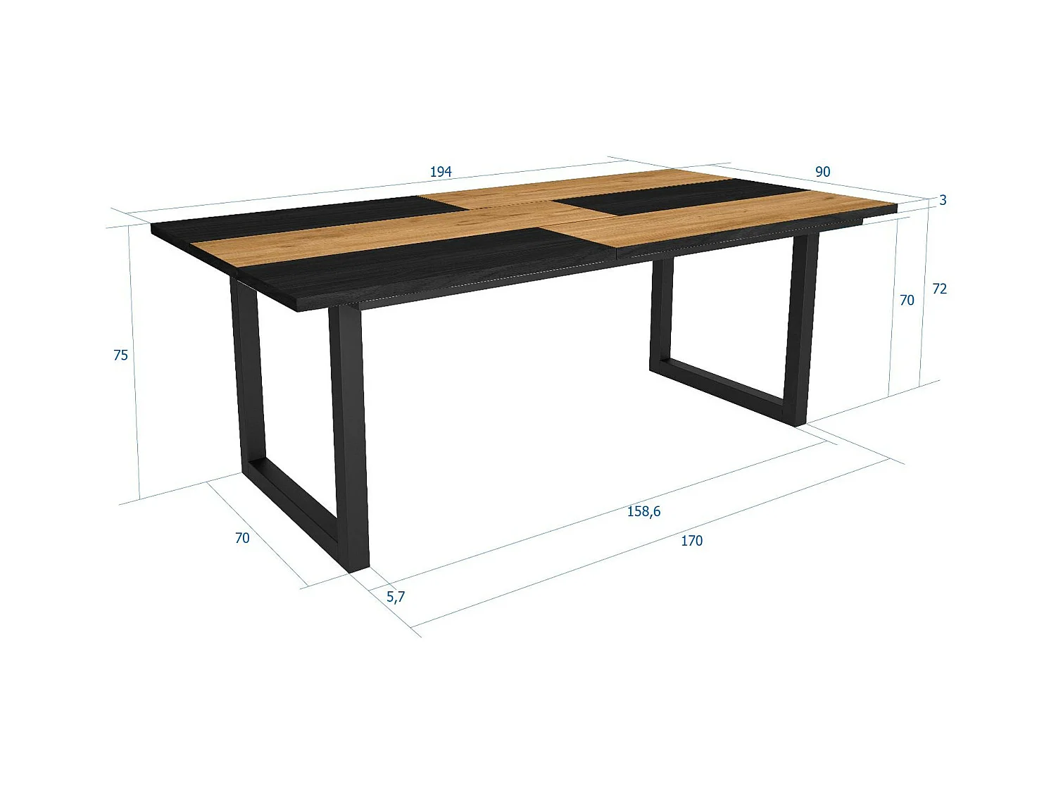 Mesa de sala de jantar, 10 pessoas, 194x90x75cm, Robusto e estável graças à sua estrutura e pernas sólidas, Carvalho e Black, Estilo industrial