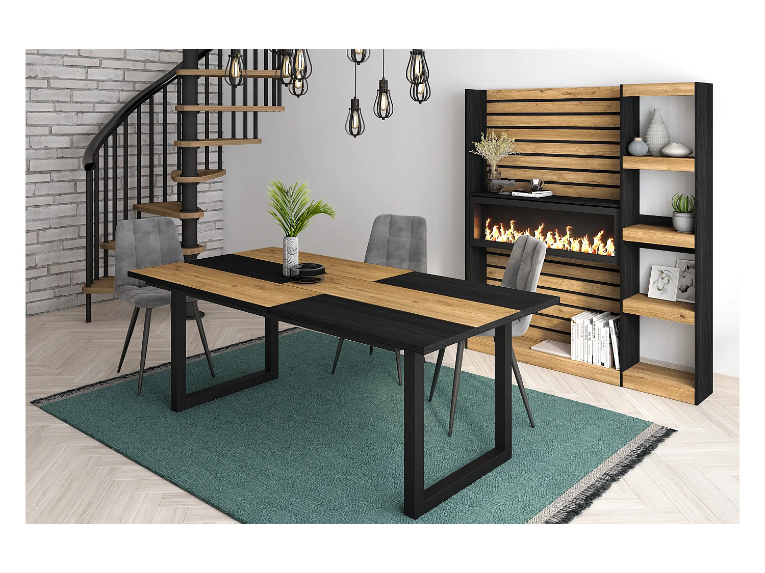 Table à manger, 10 personnes, 194x90x75cm, Robuste et stable grâce à sa structure et aux pieds solides, Chêne et noir, Style industriel