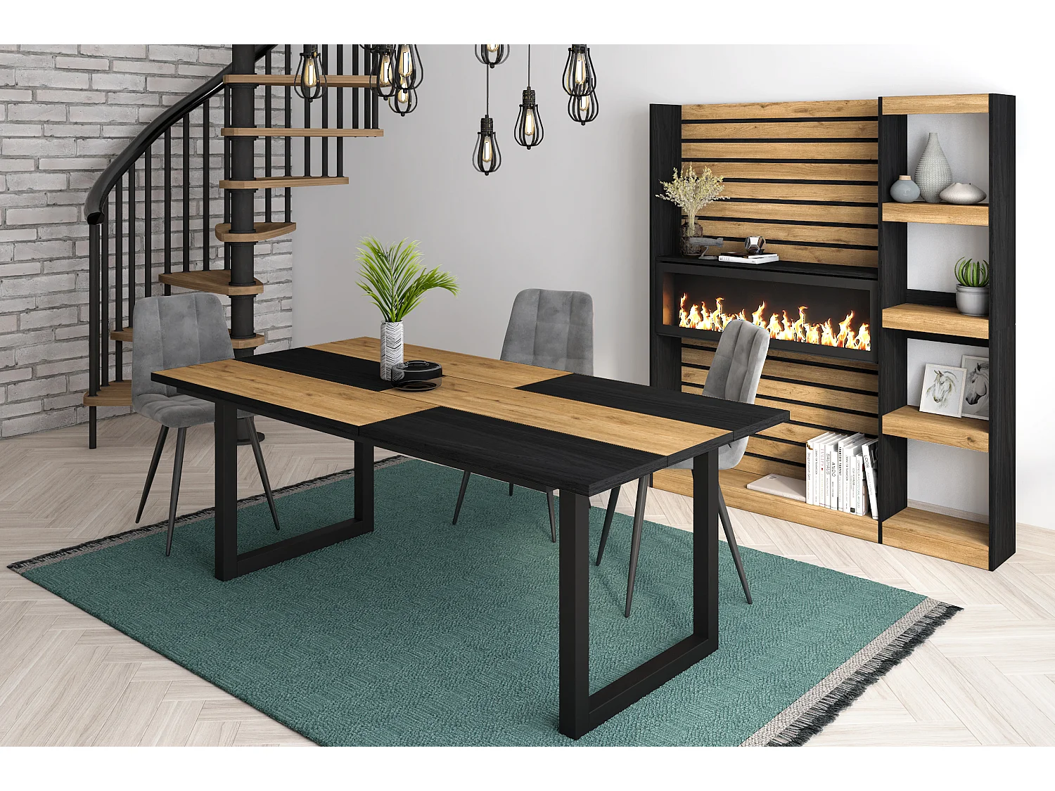 Table à manger, 10 personnes, 194x90x75cm, Robuste et stable grâce à sa structure et aux pieds solides, Chêne et noir, Style industriel