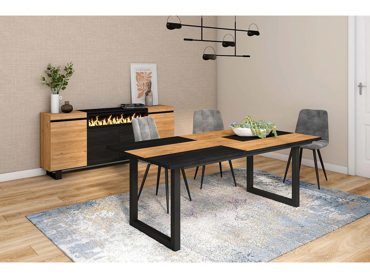 Table à manger, 10 personnes, 194x90x75cm, Robuste et stable grâce à sa structure et aux pieds solides, Chêne et noir, Style industriel