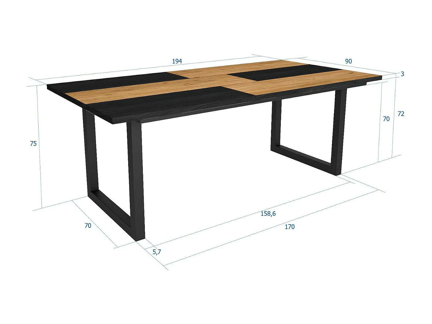 Table à manger, 10 personnes, 194x90x75cm, Robuste et stable grâce à sa structure et aux pieds solides, Chêne et noir, Style industriel