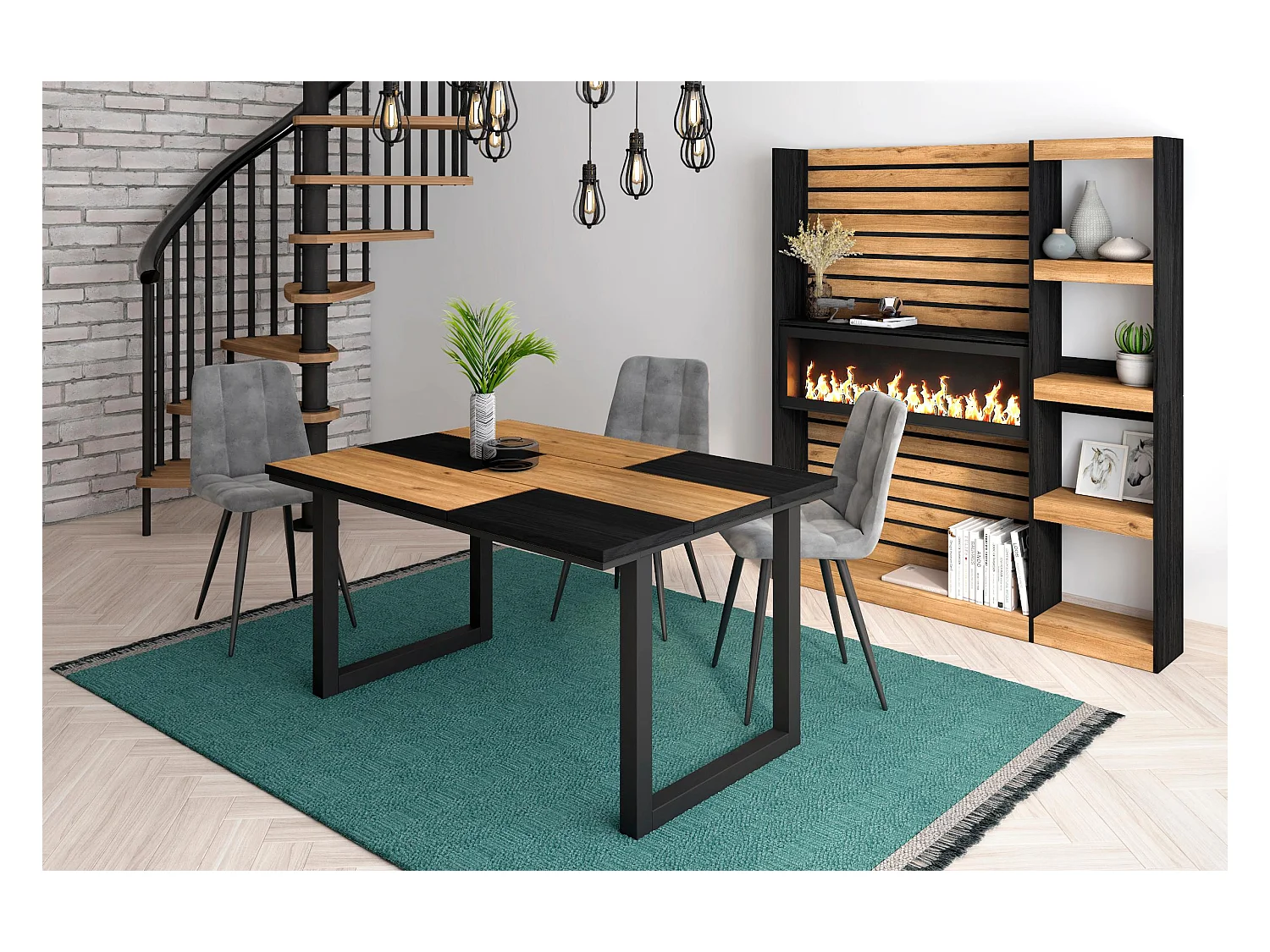 Eettafel, 6 personen, 140x90x75cm, Robuust en stabiel dankzij zijn structuur en solide poten, Eik en zwart, Industriële stijl