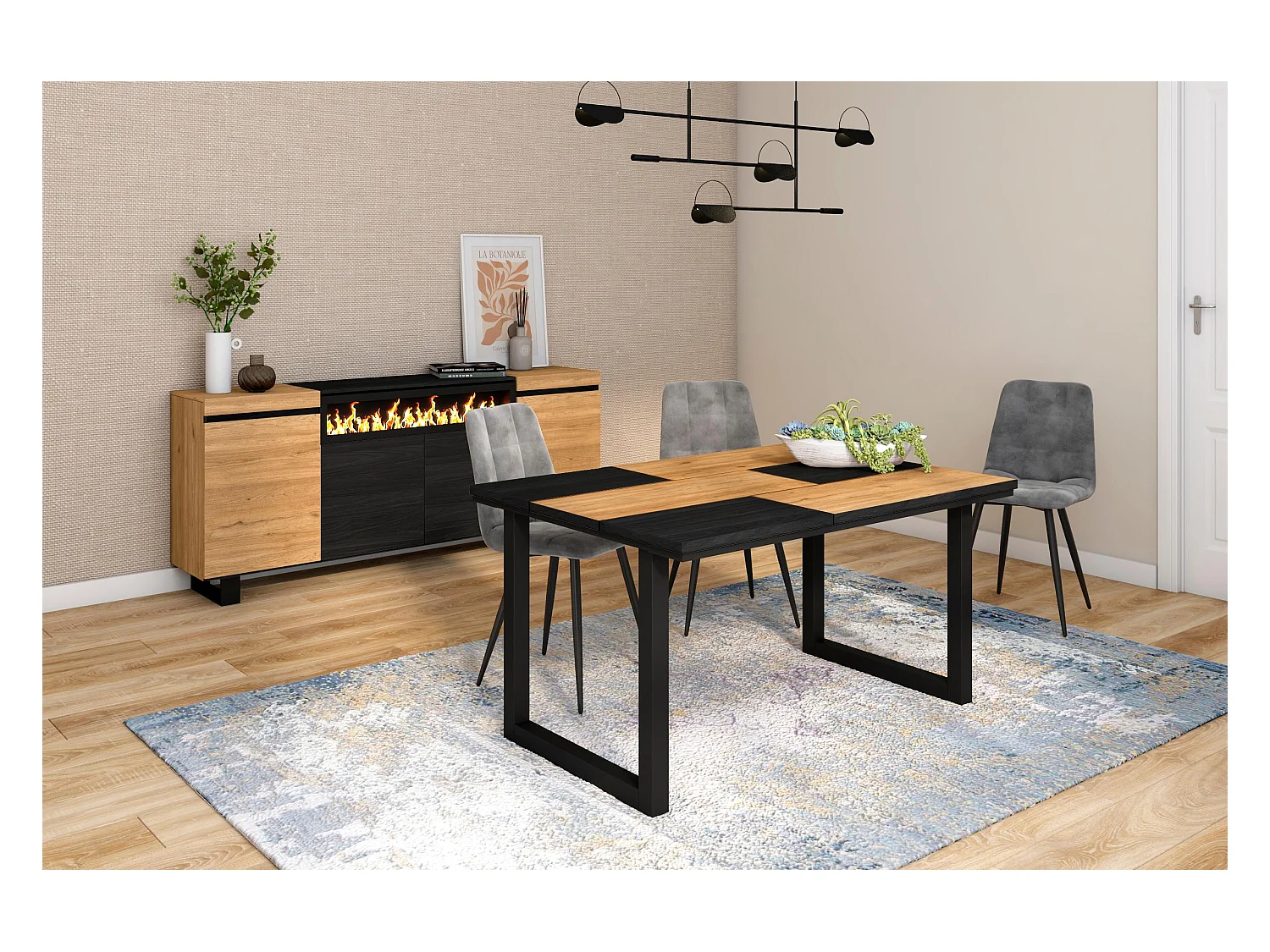 Eettafel, 6 personen, 140x90x75cm, Robuust en stabiel dankzij zijn structuur en solide poten, Eik en zwart, Industriële stijl