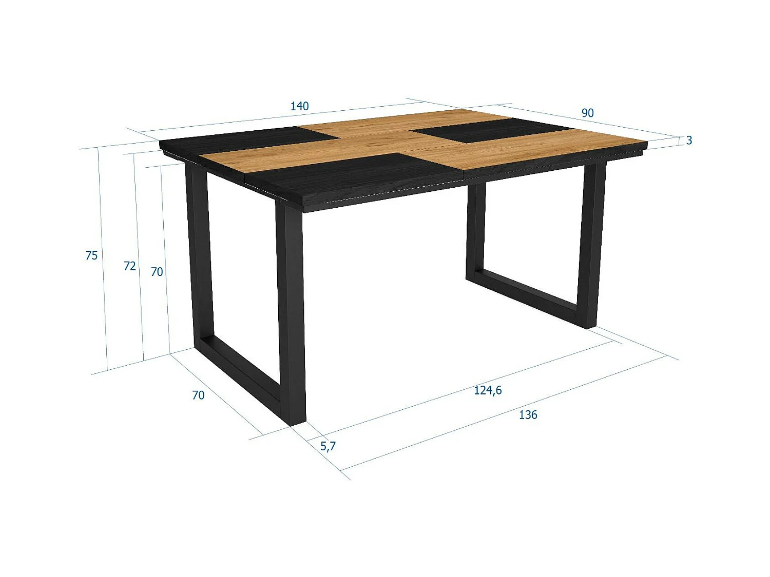 Eettafel, 6 personen, 140x90x75cm, Robuust en stabiel dankzij zijn structuur en solide poten, Eik en zwart, Industriële stijl