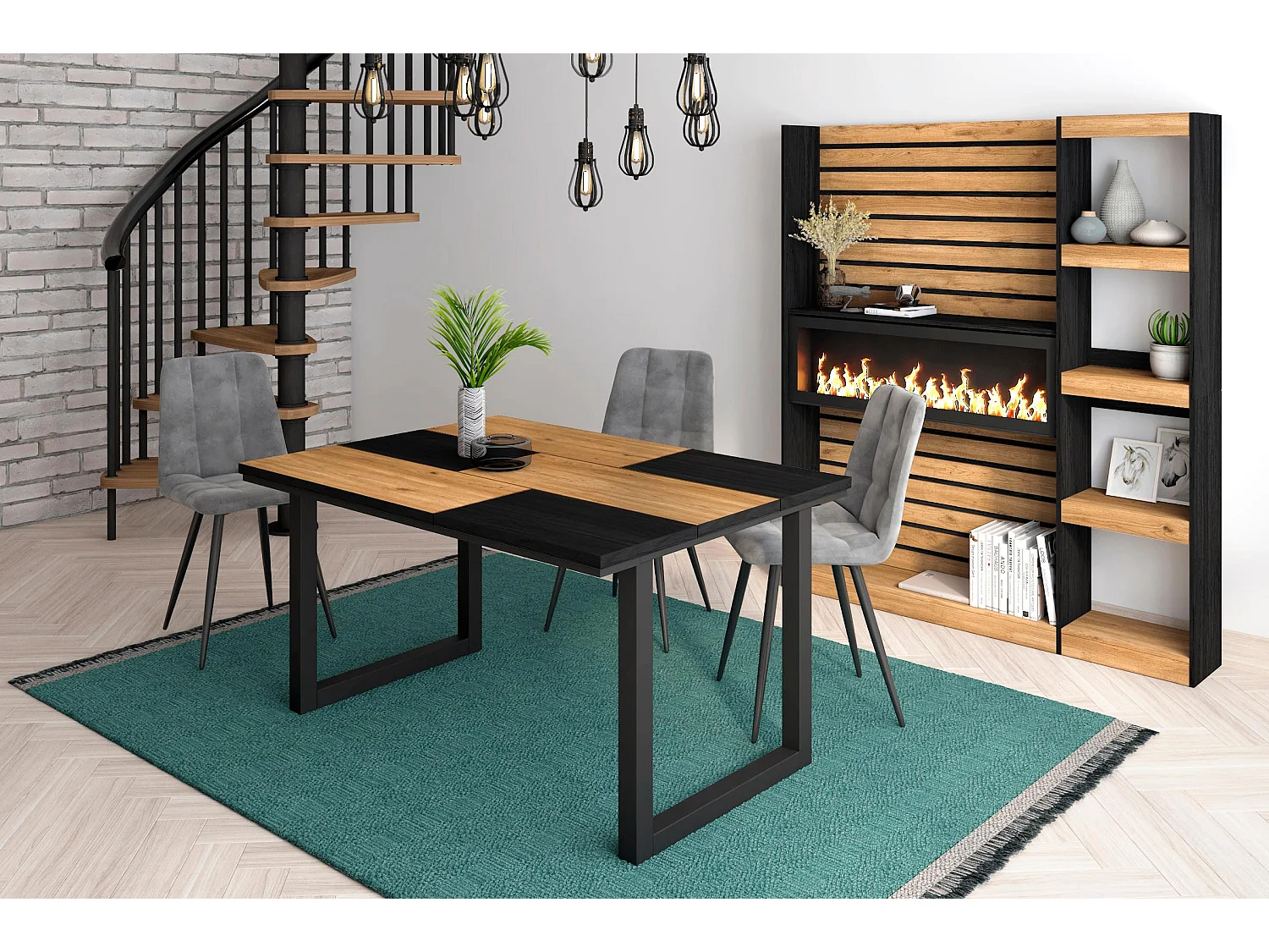 Table à manger, 6 personnes, 140x90x75cm, Robuste et stable grâce à sa structure et aux pieds solides, Chêne et noir, Style industriel