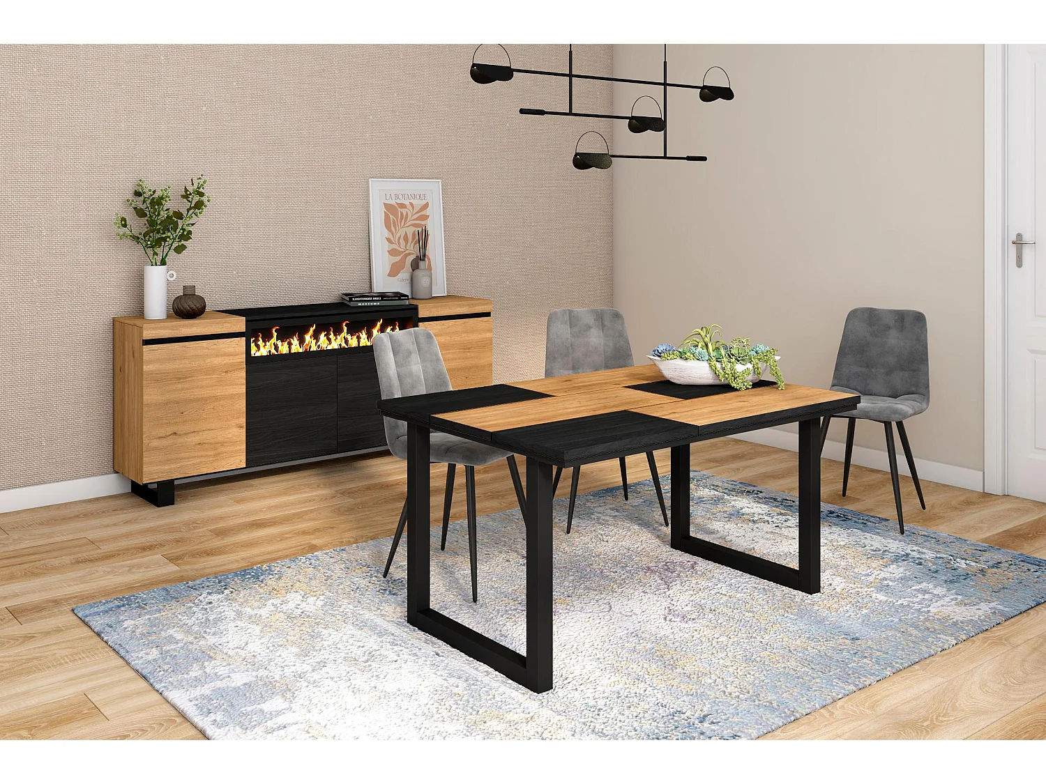 Table à manger, 6 personnes, 140x90x75cm, Robuste et stable grâce à sa structure et aux pieds solides, Chêne et noir, Style industriel