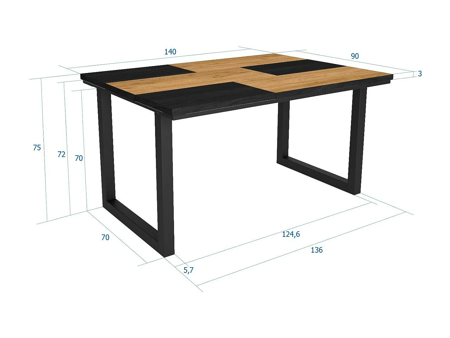 Table à manger, 6 personnes, 140x90x75cm, Robuste et stable grâce à sa structure et aux pieds solides, Chêne et noir, Style industriel