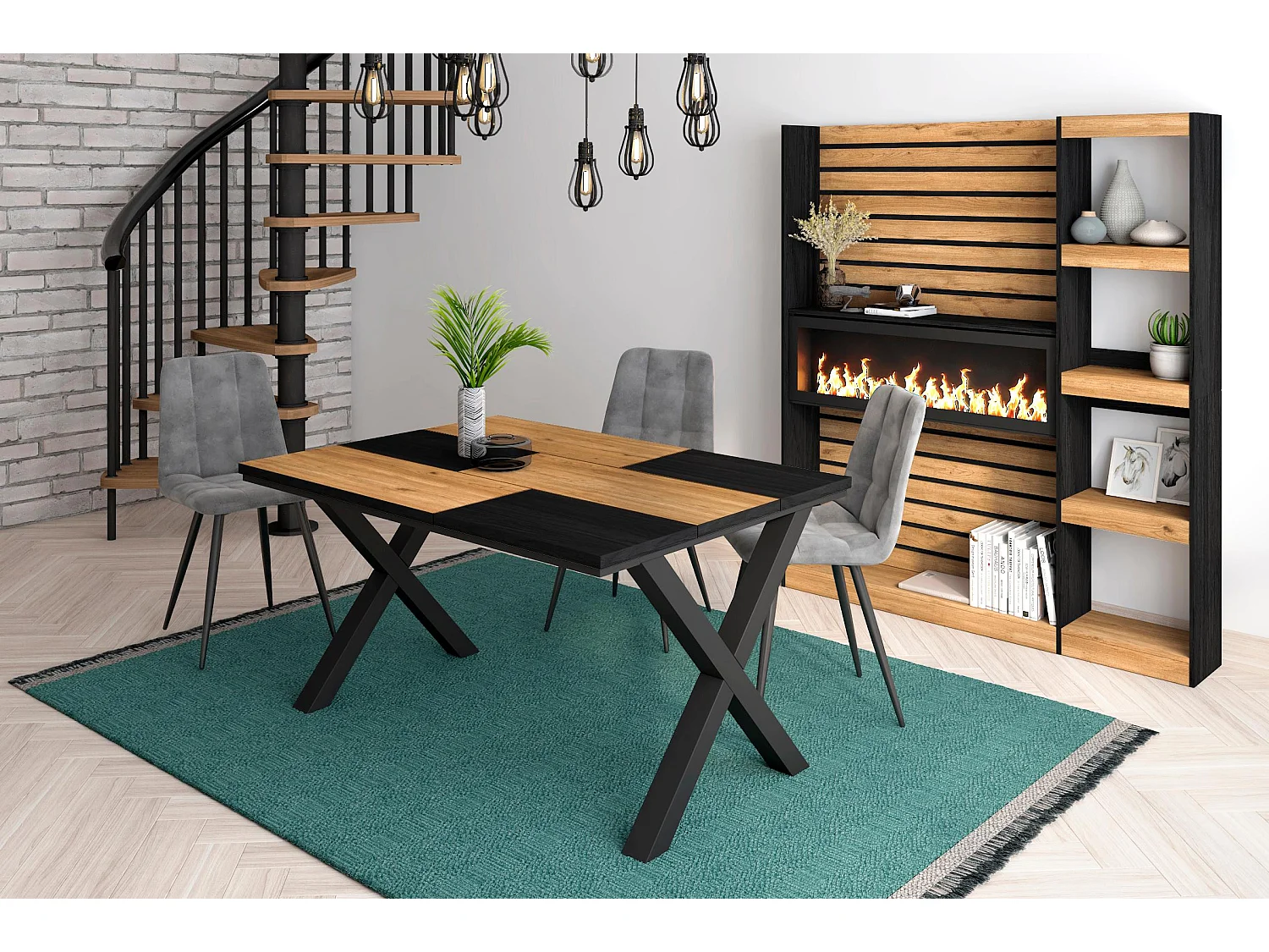 Mesa de sala de jantar, 6 pessoas, 140x90x75cm, Robusto e estável graças à sua estrutura e pernas sólidas, Carvalho e Black, Estilo industrial