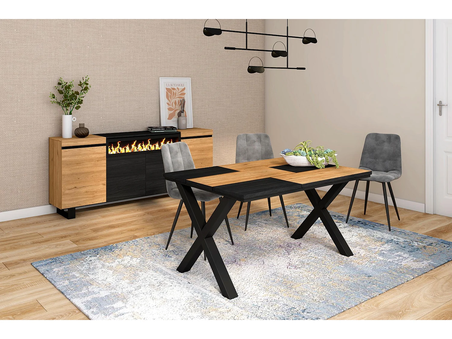 Mesa de sala de jantar, 6 pessoas, 140x90x75cm, Robusto e estável graças à sua estrutura e pernas sólidas, Carvalho e Black, Estilo industrial