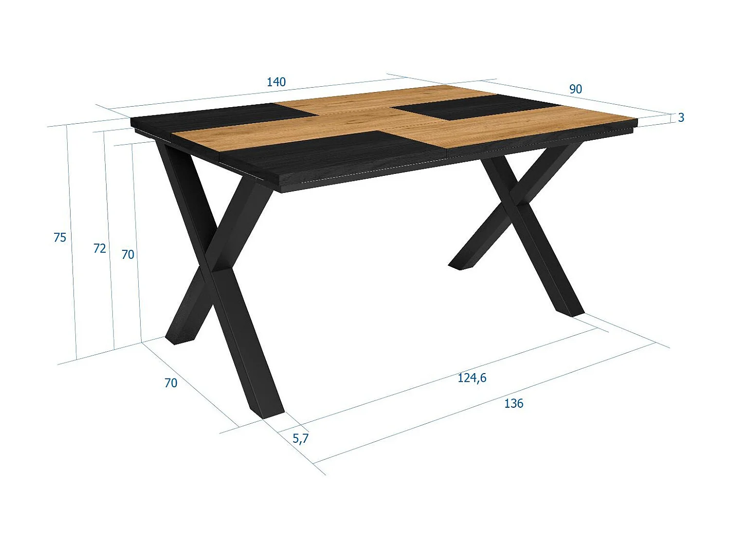 Mesa de sala de jantar, 6 pessoas, 140x90x75cm, Robusto e estável graças à sua estrutura e pernas sólidas, Carvalho e Black, Estilo industrial