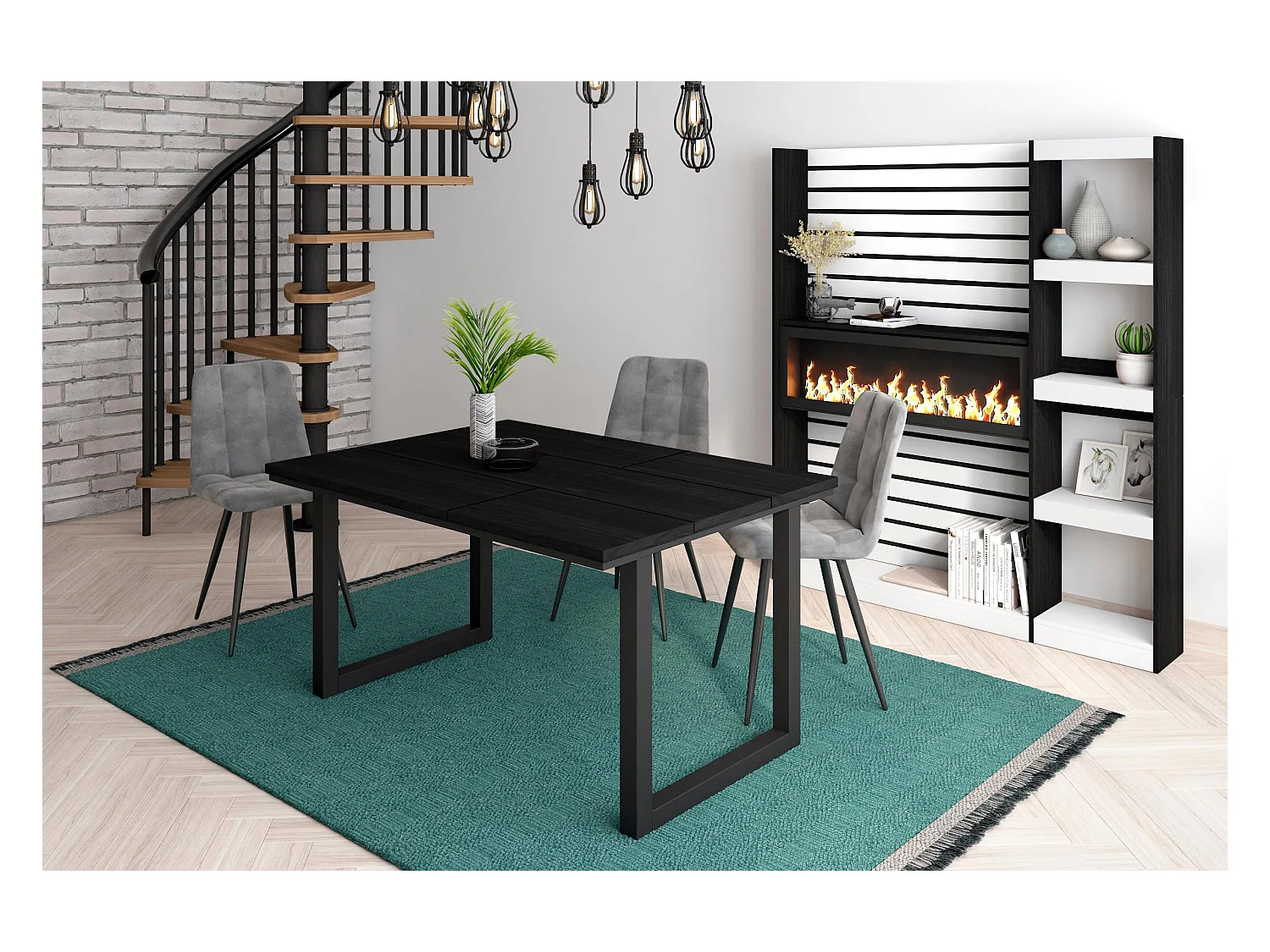 Table à manger, 6 personnes, 140x90x75cm, Robuste et stable grâce à sa structure et aux pieds solides, Noir, Style industriel