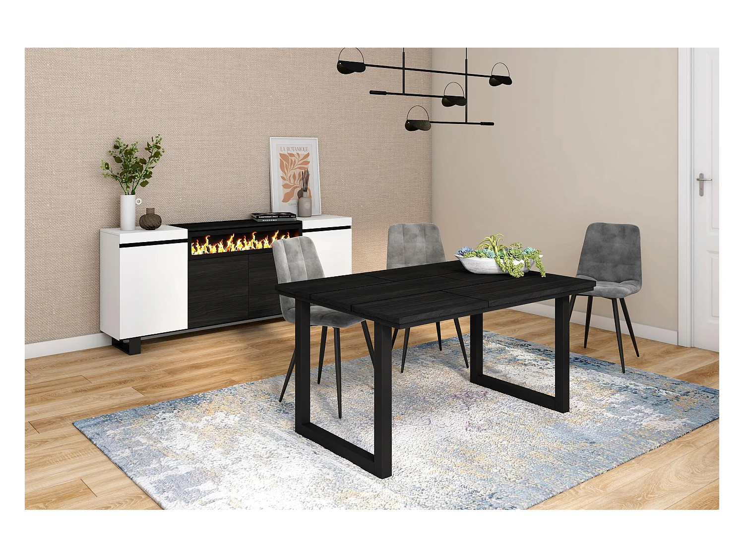 Table à manger, 6 personnes, 140x90x75cm, Robuste et stable grâce à sa structure et aux pieds solides, Noir, Style industriel