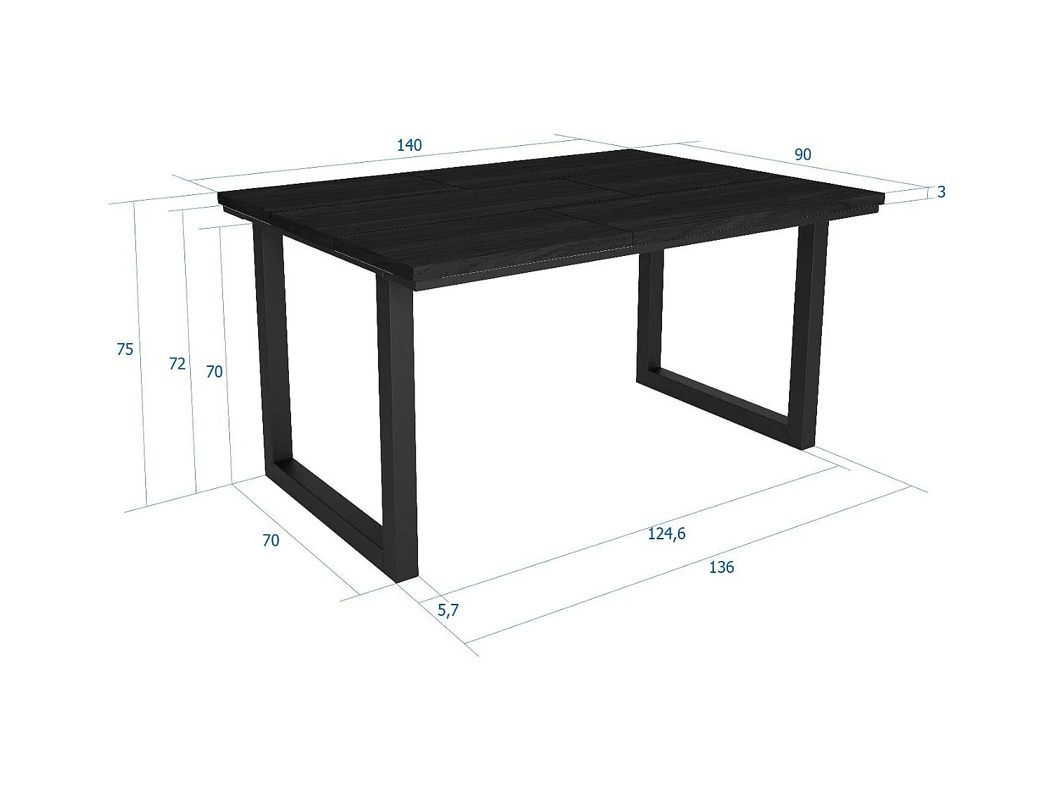 Table à manger, 6 personnes, 140x90x75cm, Robuste et stable grâce à sa structure et aux pieds solides, Noir, Style industriel