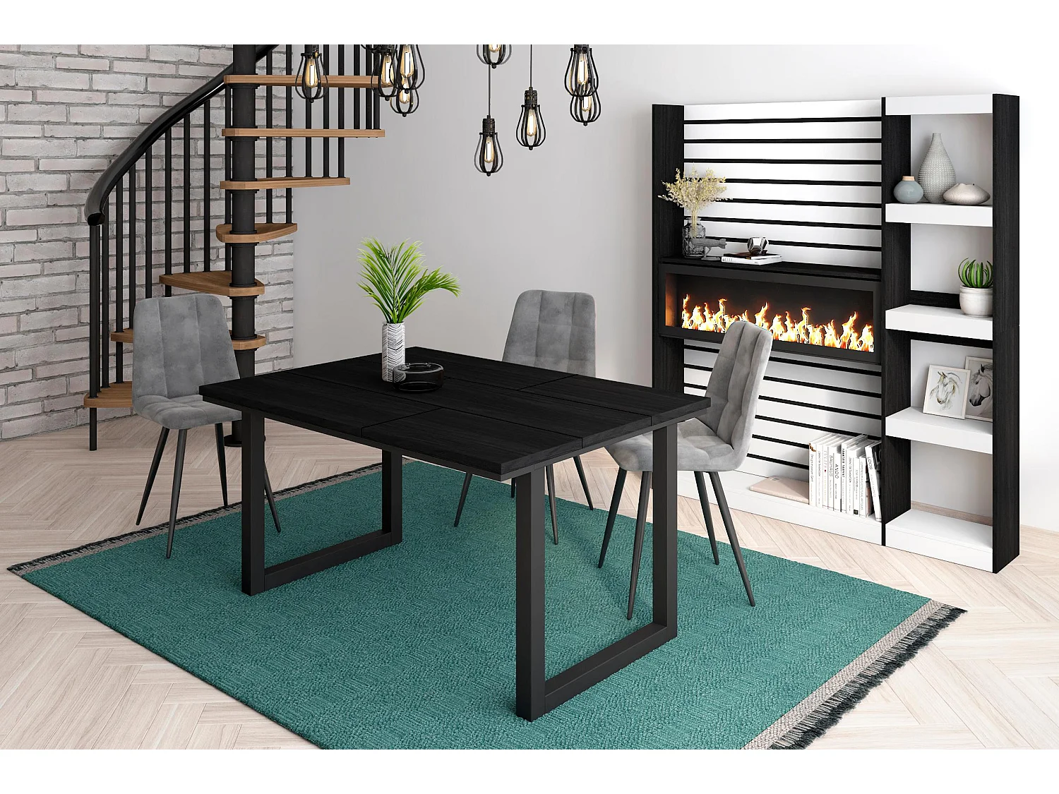 Eettafel, 6 personen, 140x90x75cm, Robuust en stabiel dankzij zijn structuur en solide poten, Zwart, Industriële stijl