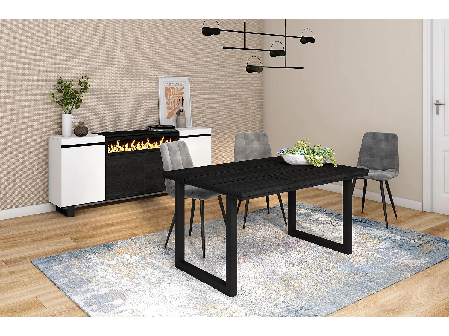 Eettafel, 6 personen, 140x90x75cm, Robuust en stabiel dankzij zijn structuur en solide poten, Zwart, Industriële stijl