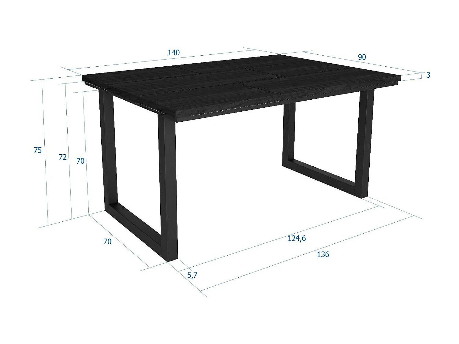 Eettafel, 6 personen, 140x90x75cm, Robuust en stabiel dankzij zijn structuur en solide poten, Zwart, Industriële stijl