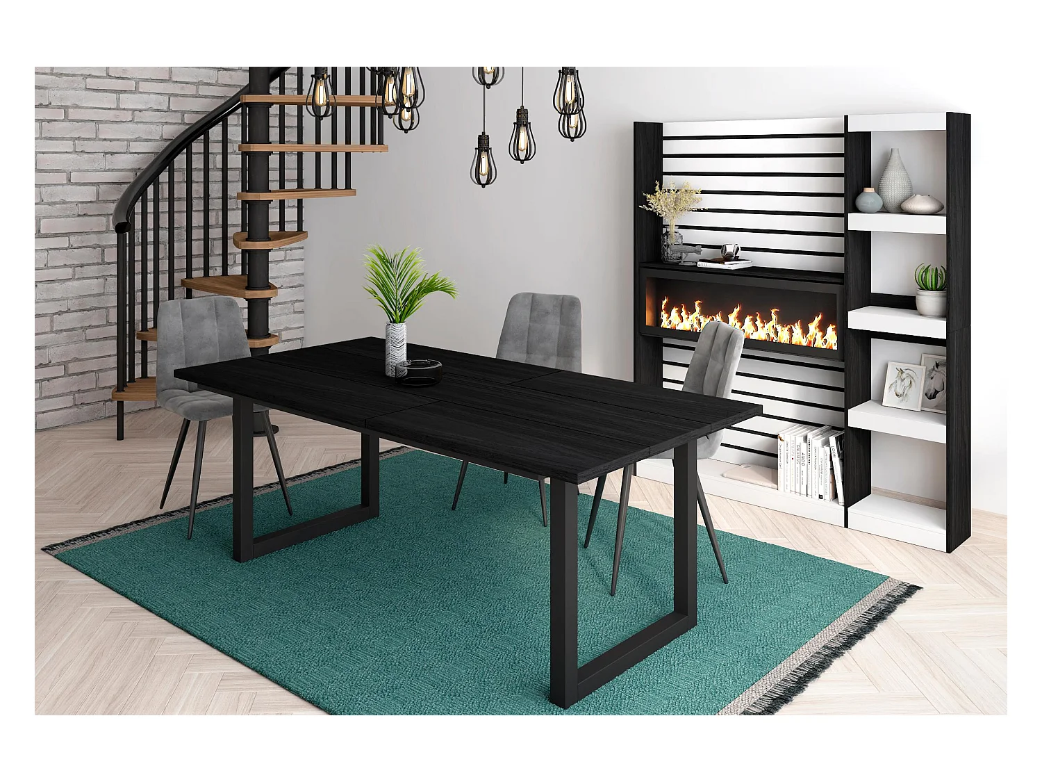 Mesa de sala de jantar, 10 pessoas, 194x90x75cm, Robusto e estável graças à sua estrutura e pernas sólidas, Preto, Estilo industrial