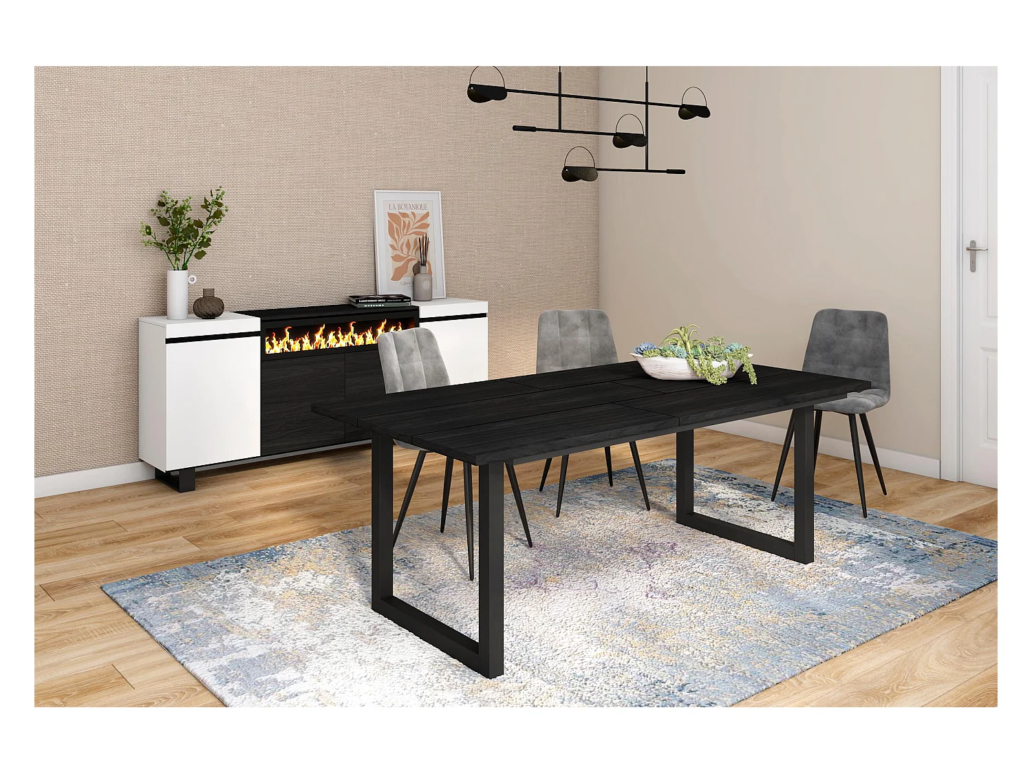 Mesa de sala de jantar, 10 pessoas, 194x90x75cm, Robusto e estável graças à sua estrutura e pernas sólidas, Preto, Estilo industrial