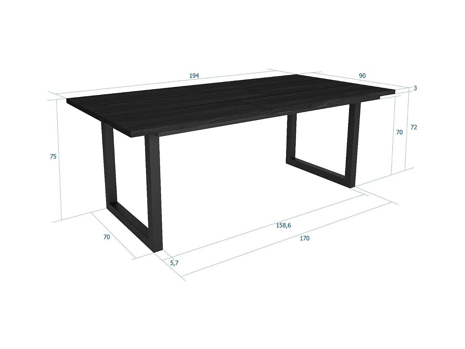 Mesa de sala de jantar, 10 pessoas, 194x90x75cm, Robusto e estável graças à sua estrutura e pernas sólidas, Preto, Estilo industrial