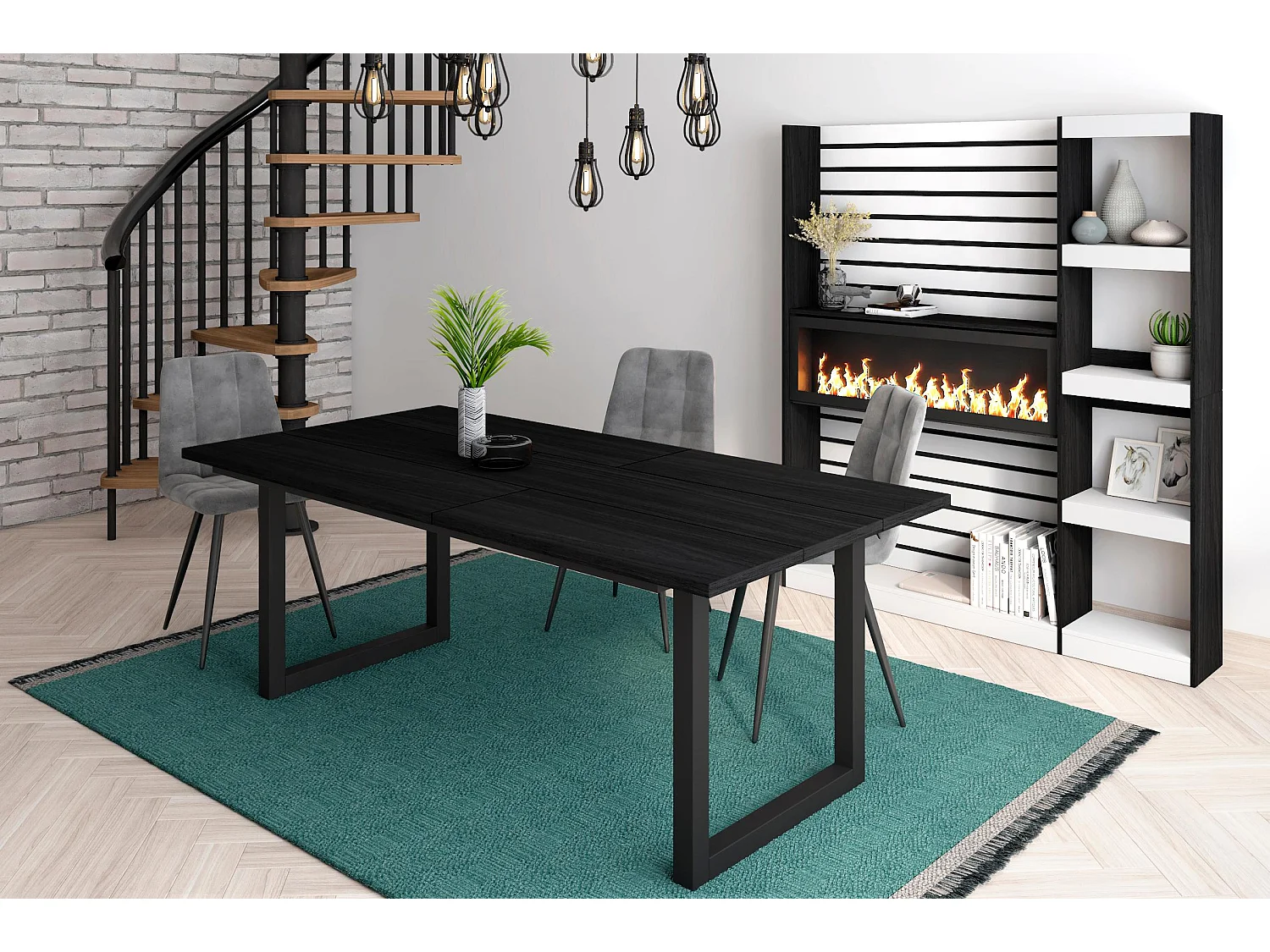 Table à manger, 10 personnes, 194x90x75cm, Robuste et stable grâce à sa structure et aux pieds solides, Noir, Style industriel