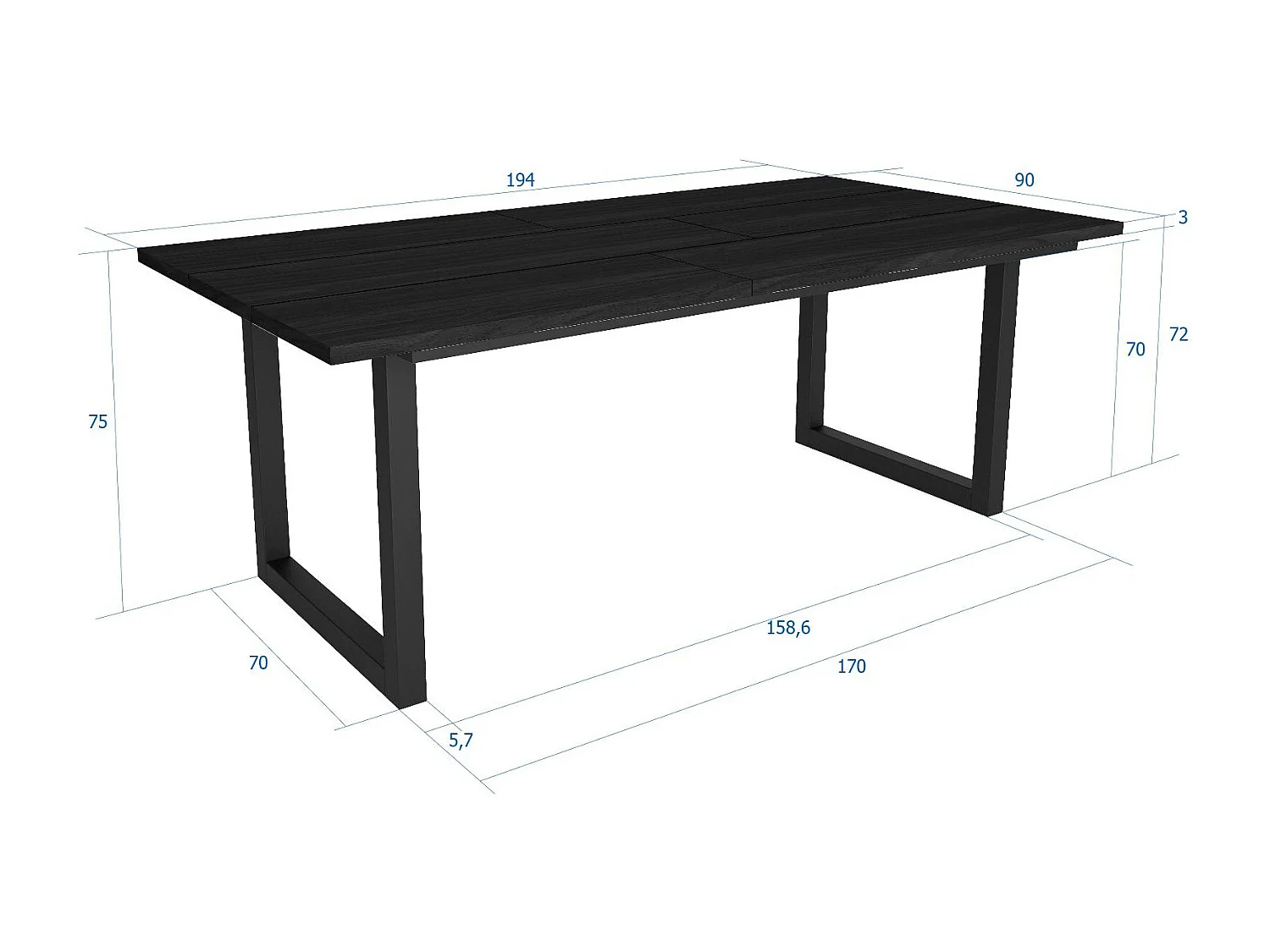 Table à manger, 10 personnes, 194x90x75cm, Robuste et stable grâce à sa structure et aux pieds solides, Noir, Style industriel