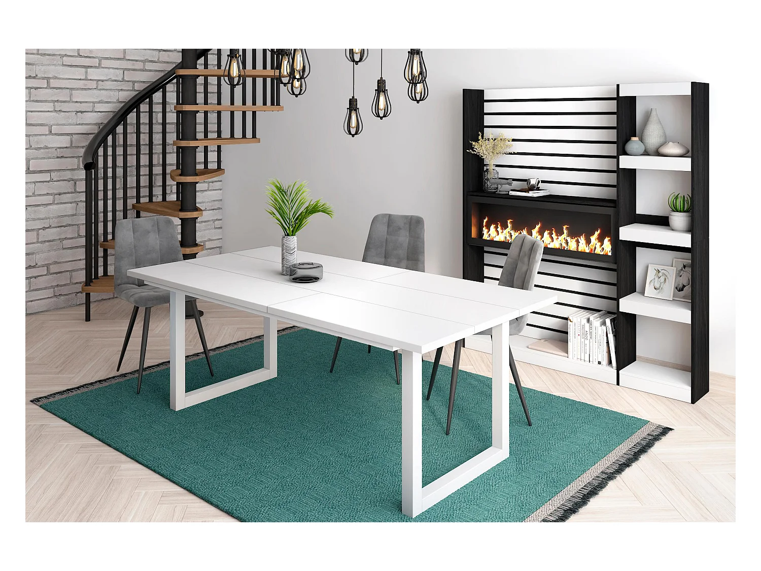 Esstische, 10 personen, 194x90x75cm, Robust und stabil dank seiner Struktur und solide Beine, Weiß, Industrielles Stil