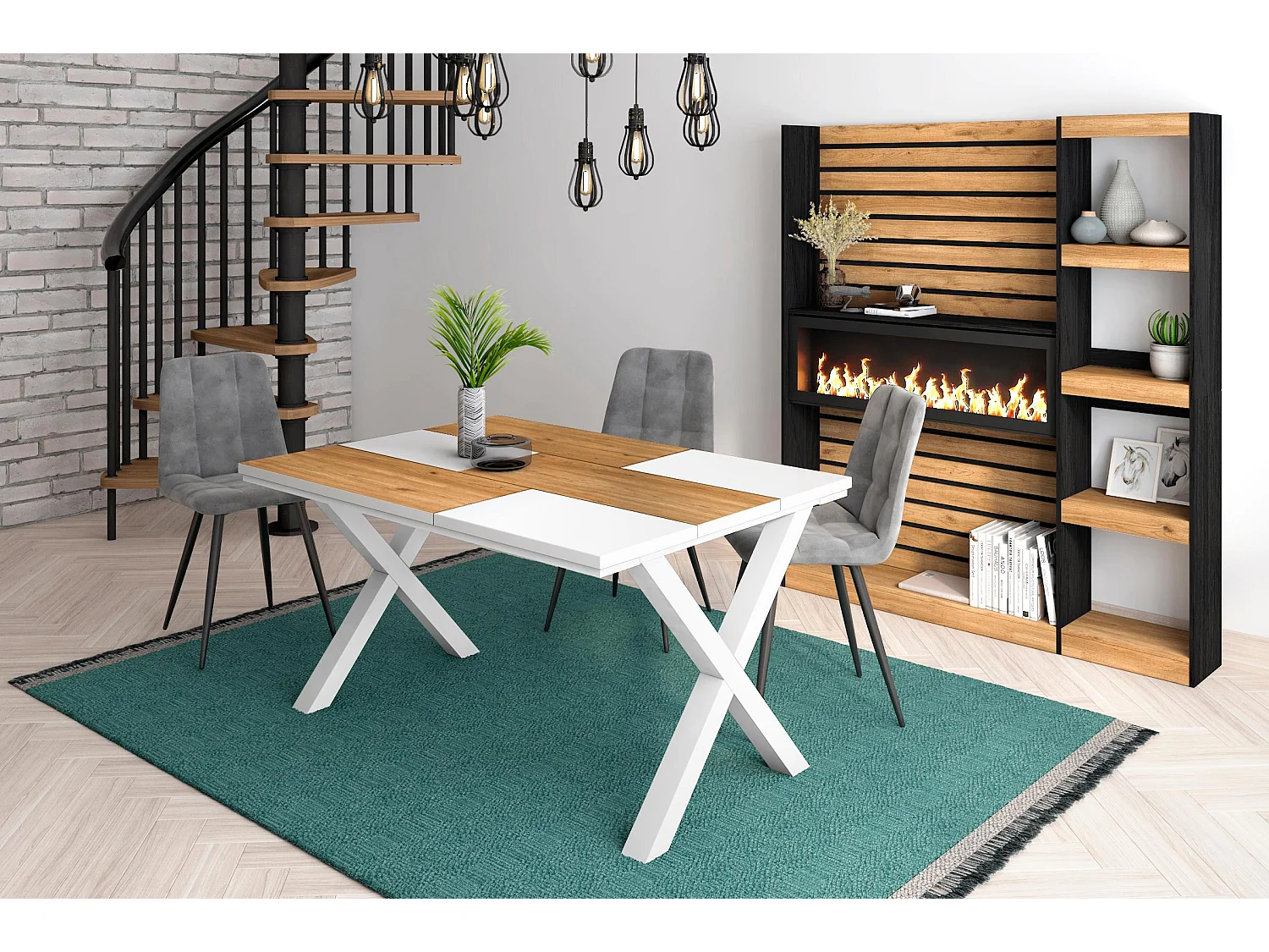 Table à manger, 6 personnes, 140, Robust, structure stable, pieds solides, Chêne et blanc