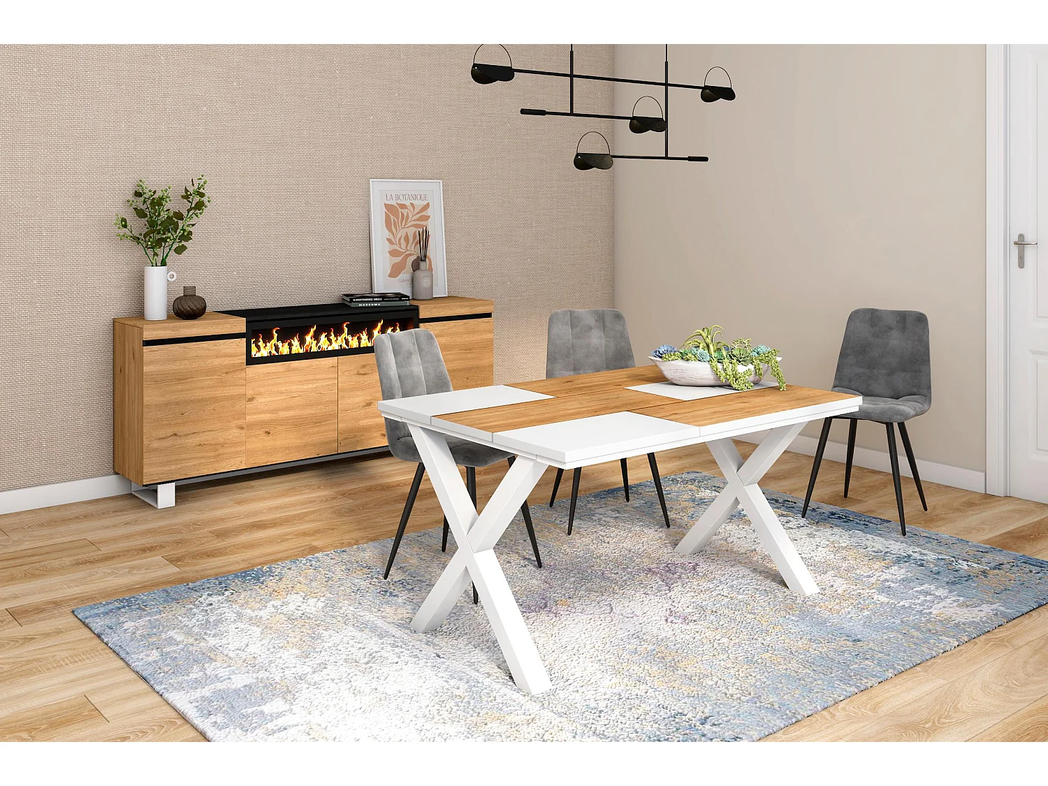 Table à manger, 6 personnes, 140, Robust, structure stable, pieds solides, Chêne et blanc