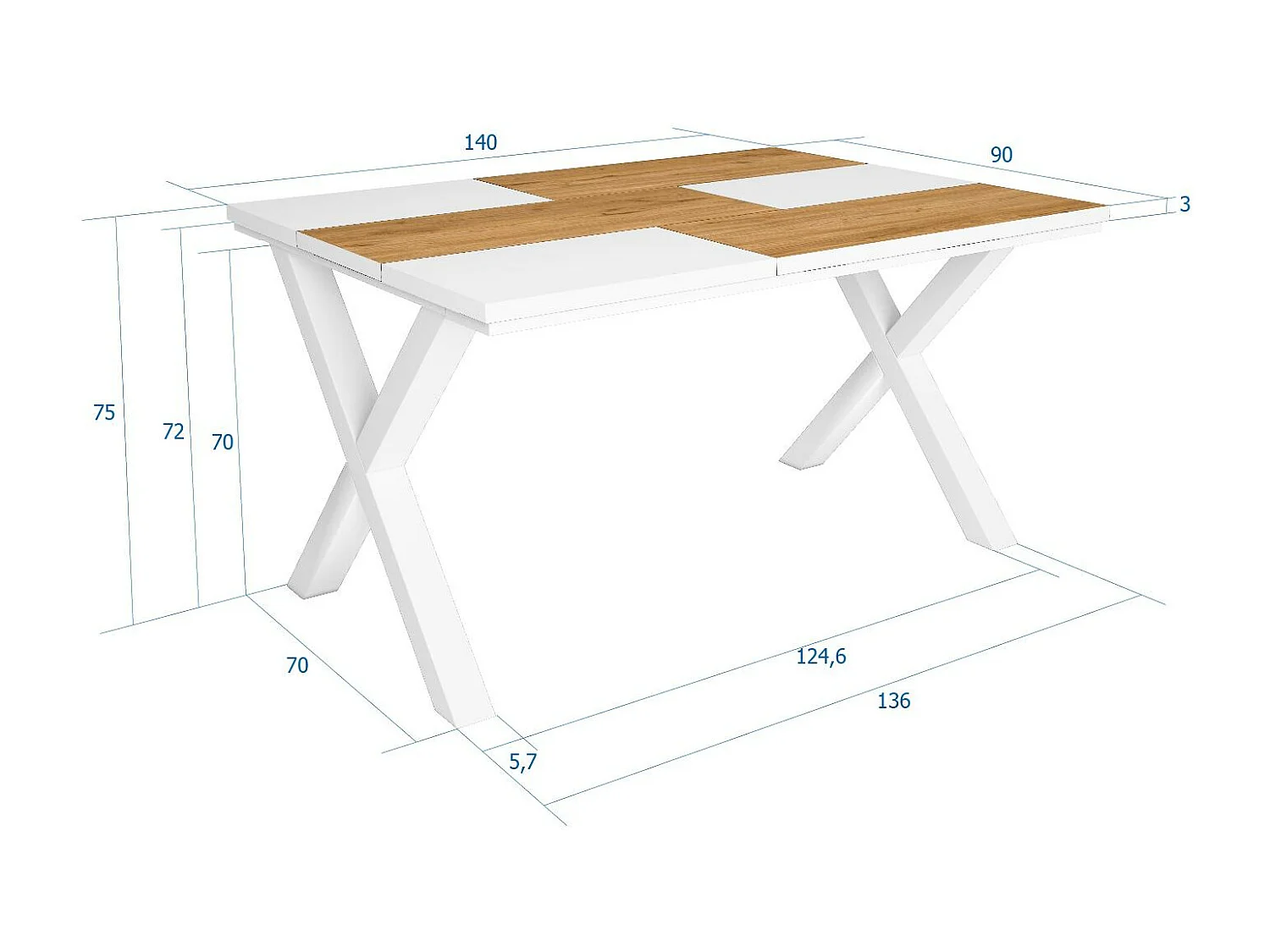 Table à manger, 6 personnes, 140, Robust, structure stable, pieds solides, Chêne et blanc