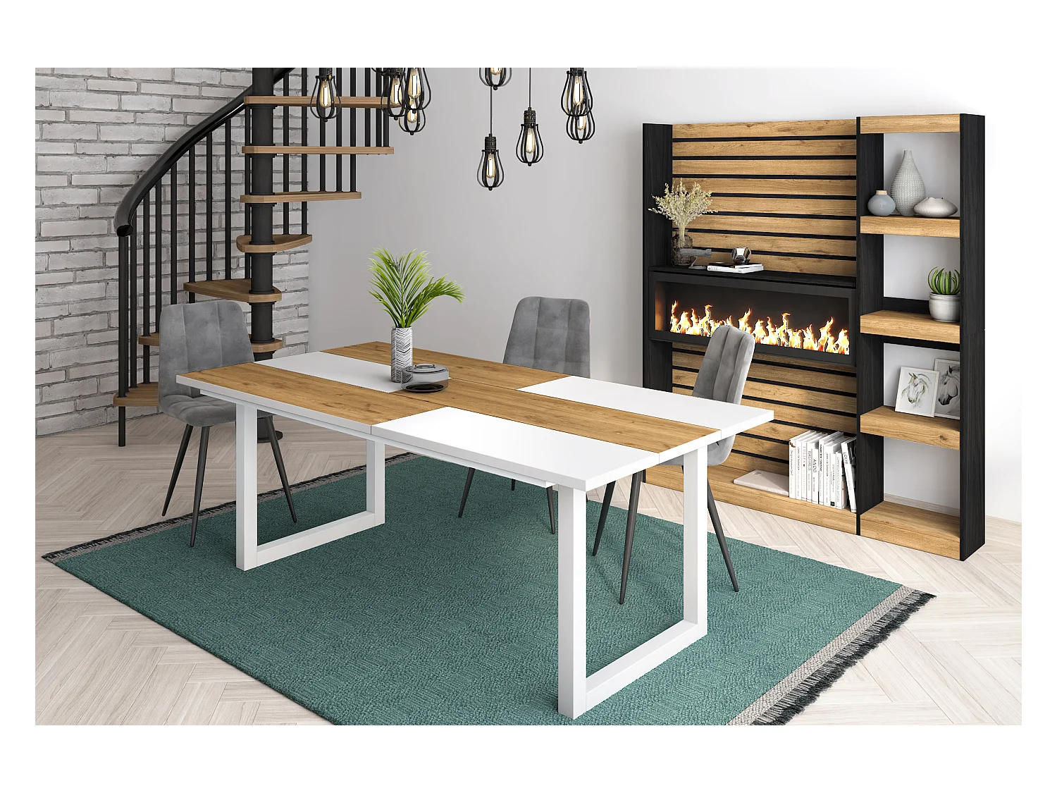 Mesa de sala de jantar, 10 pessoas, 194x90x75cm, Robusto e estável graças à sua estrutura e pernas sólidas, Carvalho e branco, Estilo industrial