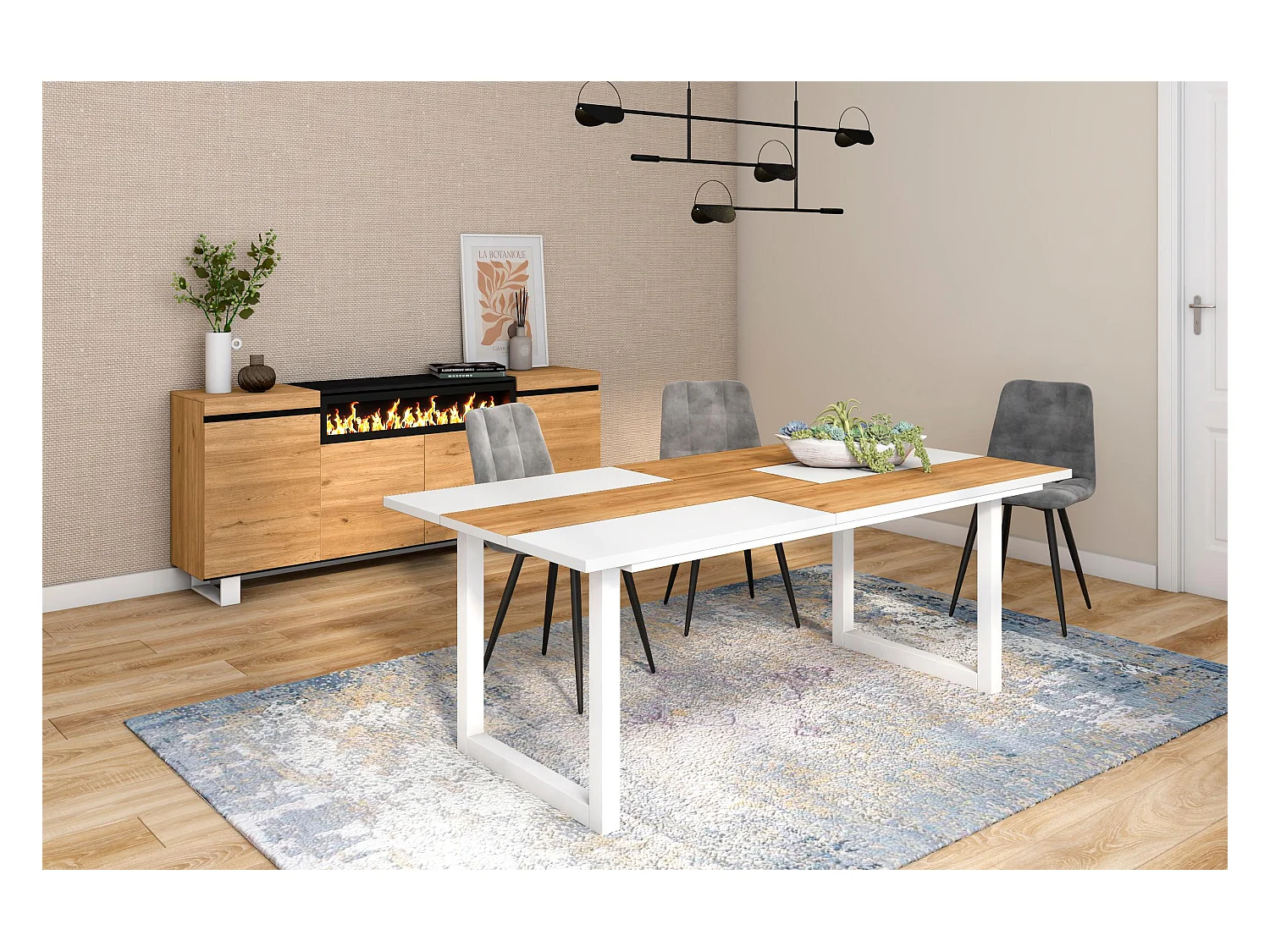 Mesa de sala de jantar, 10 pessoas, 194x90x75cm, Robusto e estável graças à sua estrutura e pernas sólidas, Carvalho e branco, Estilo industrial