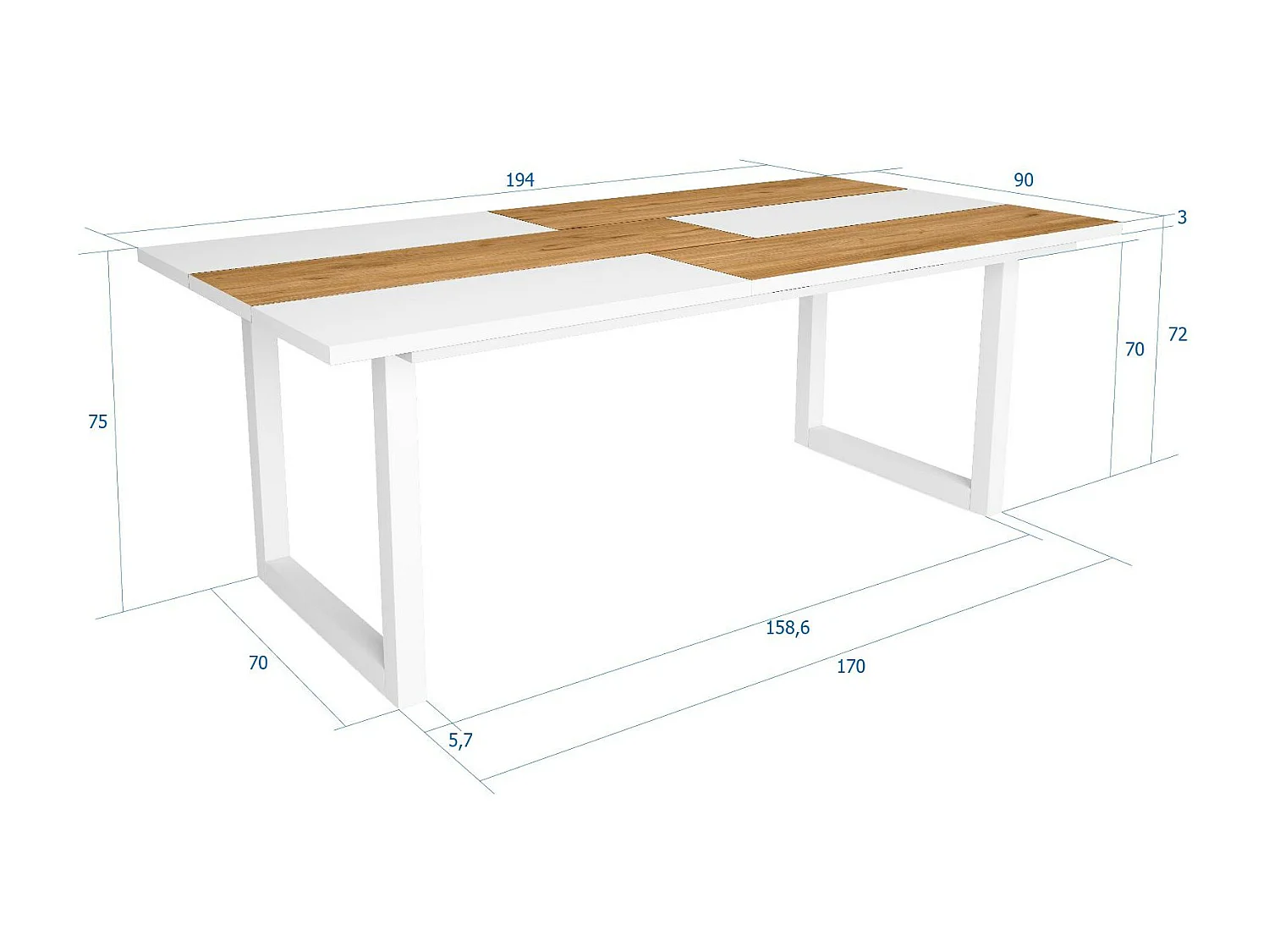 Esstische, 10 personen, 194x90x75cm, Robust und stabil dank seiner Struktur und solide Beine, Eiche und Weiß, Industrielles Stil
