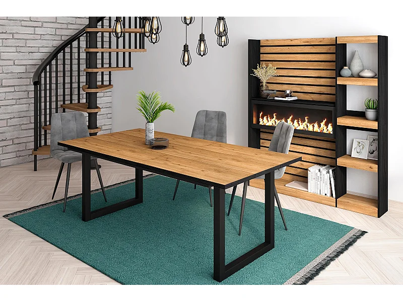 Table à manger, 10 personnes, 194x90x75cm, Robuste et stable grâce à sa structure et aux pieds solides, Chêne et noir, Style industriel
