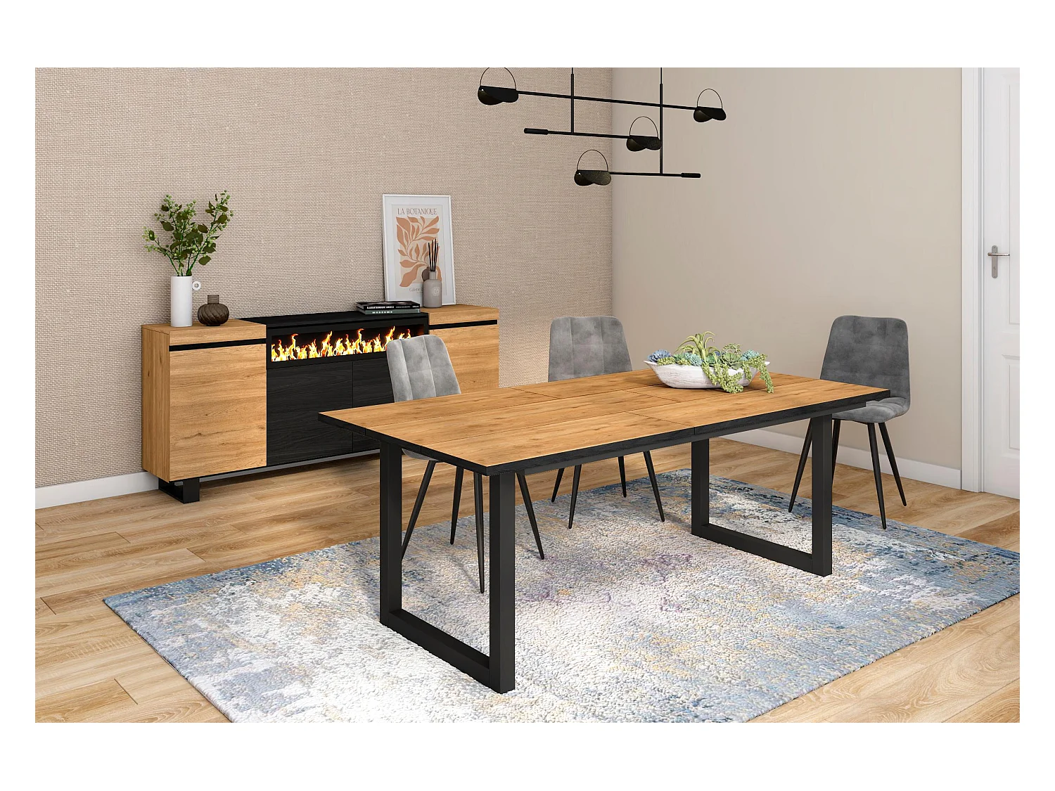 Table à manger, 10 personnes, 194x90x75cm, Robuste et stable grâce à sa structure et aux pieds solides, Chêne et noir, Style industriel