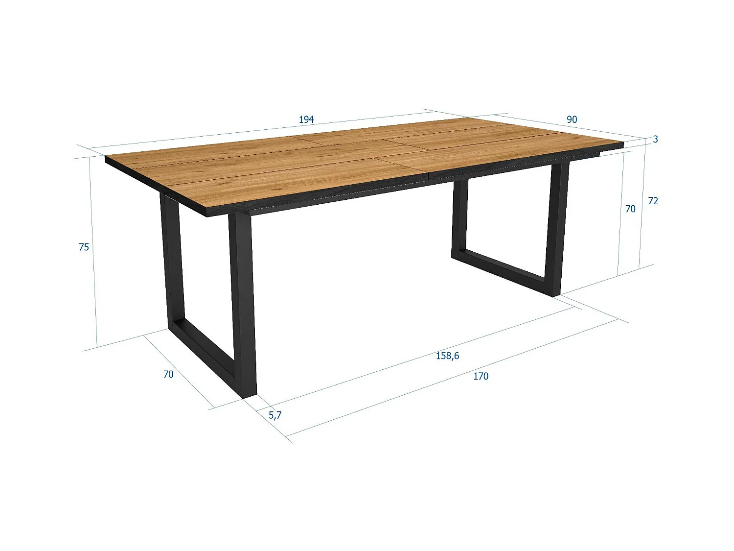 Table à manger, 10 personnes, 194x90x75cm, Robuste et stable grâce à sa structure et aux pieds solides, Chêne et noir, Style industriel
