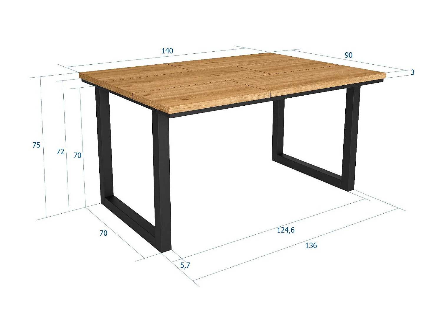 Mesa de sala de jantar, 6 pessoas, 140x90x75cm, Robusto e estável graças à sua estrutura e pernas sólidas, Carvalho, Estilo industrial