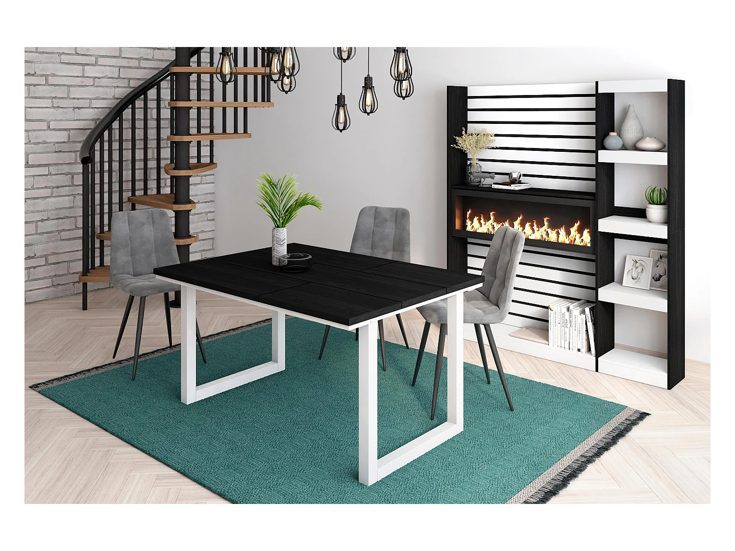 Eettafel, 6 personen, 140x90x75cm, Robuust en stabiel dankzij zijn structuur en solide poten, Zwart, Industriële stijl