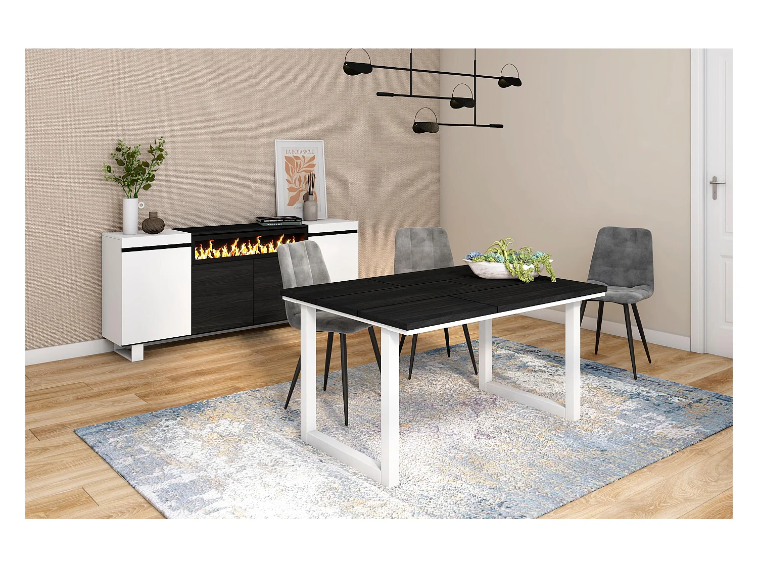 Eettafel, 6 personen, 140x90x75cm, Robuust en stabiel dankzij zijn structuur en solide poten, Zwart, Industriële stijl