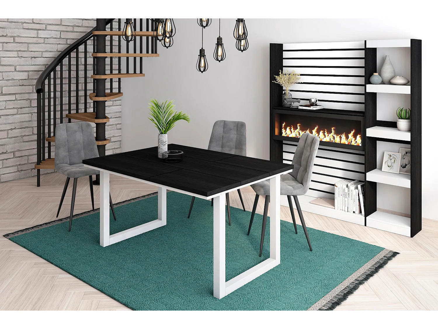 Table à manger, 6 personnes, 140x90x75cm, Robuste et stable grâce à sa structure et aux pieds solides, Noir, Style industriel