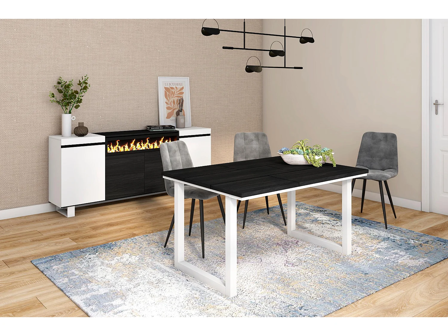 Table à manger, 6 personnes, 140x90x75cm, Robuste et stable grâce à sa structure et aux pieds solides, Noir, Style industriel