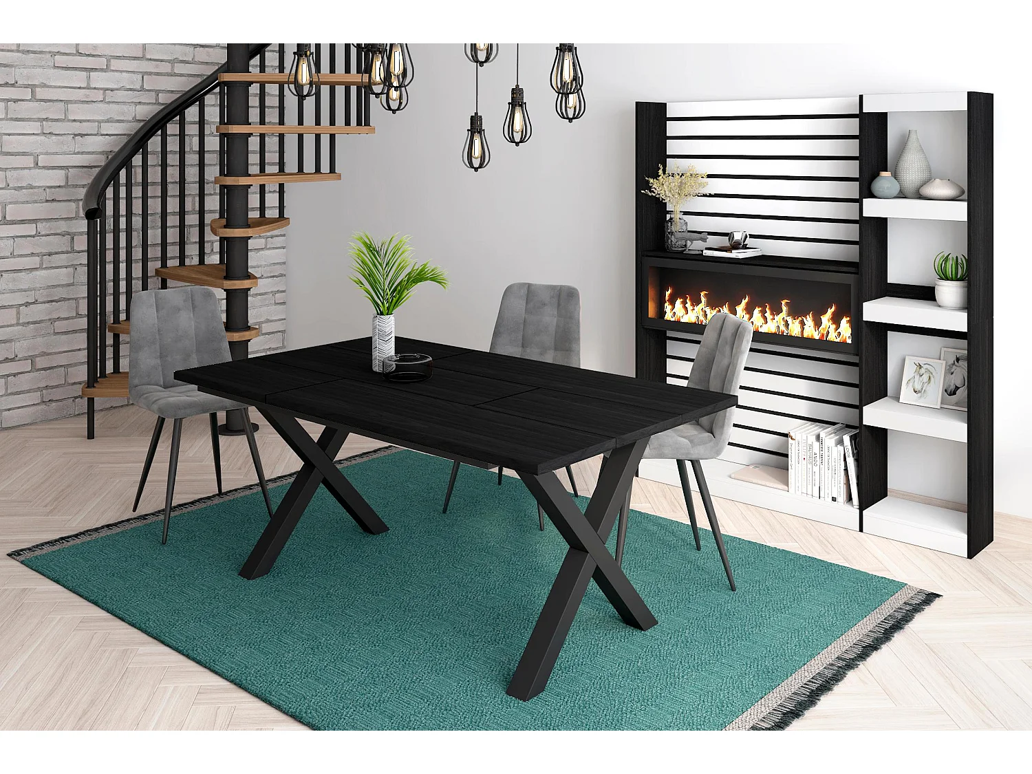 Table à manger, 8 personnes, 167x90x75cm, Robuste et stable grâce à sa structure et aux pieds solides, Noir, Style industriel