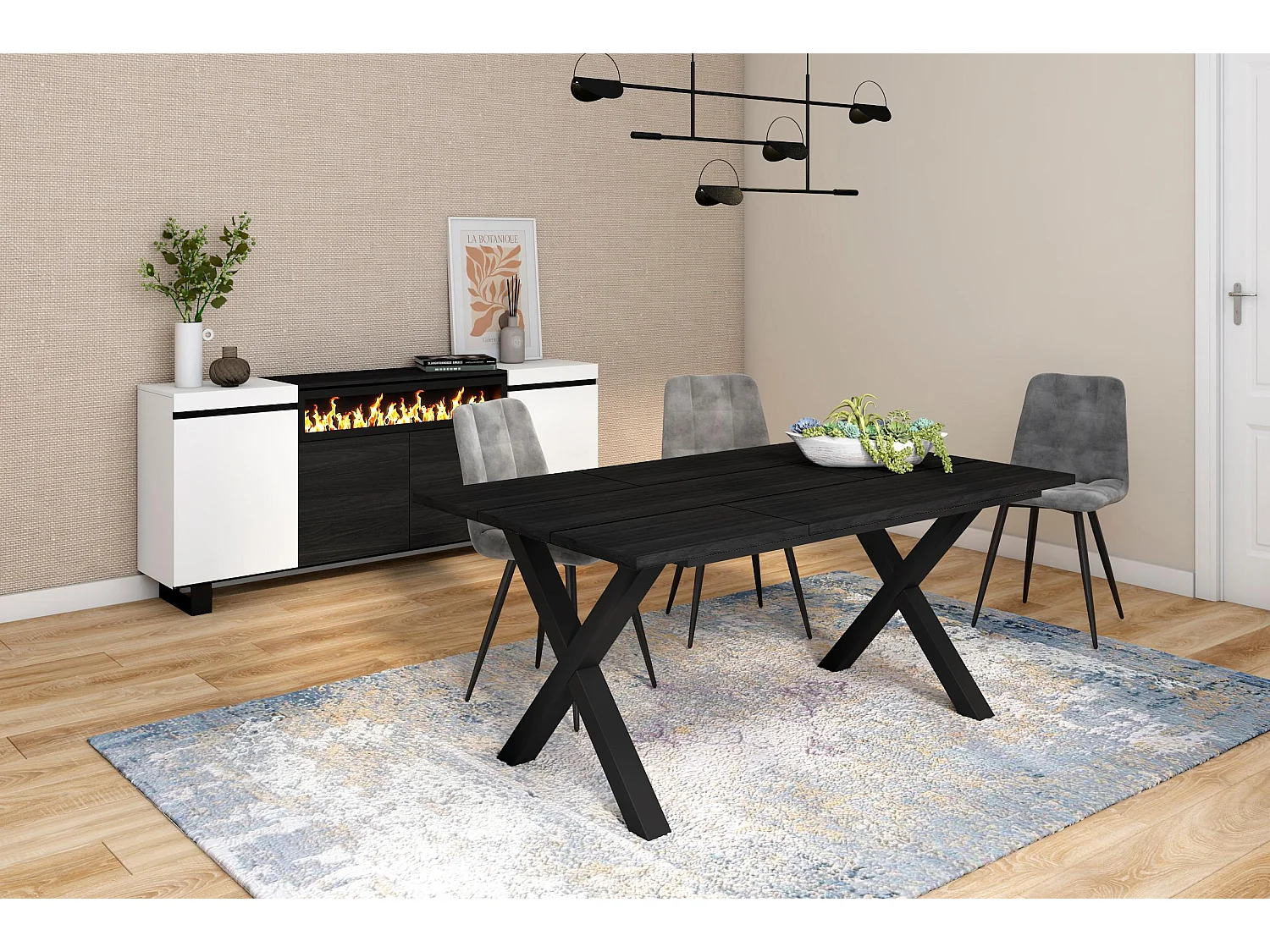 Table à manger, 8 personnes, 167x90x75cm, Robuste et stable grâce à sa structure et aux pieds solides, Noir, Style industriel