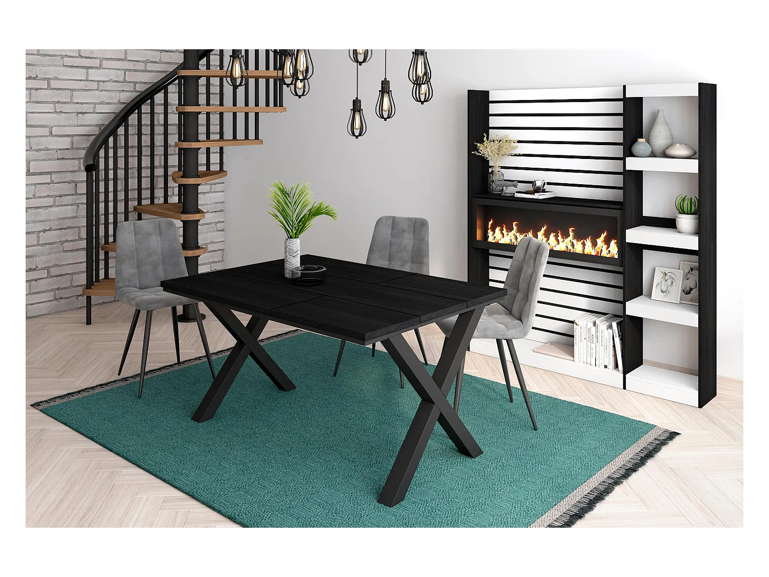 Eettafel, 6 personen, 140x90x75cm, Robuust en stabiel dankzij zijn structuur en solide poten, Zwart, Industriële stijl