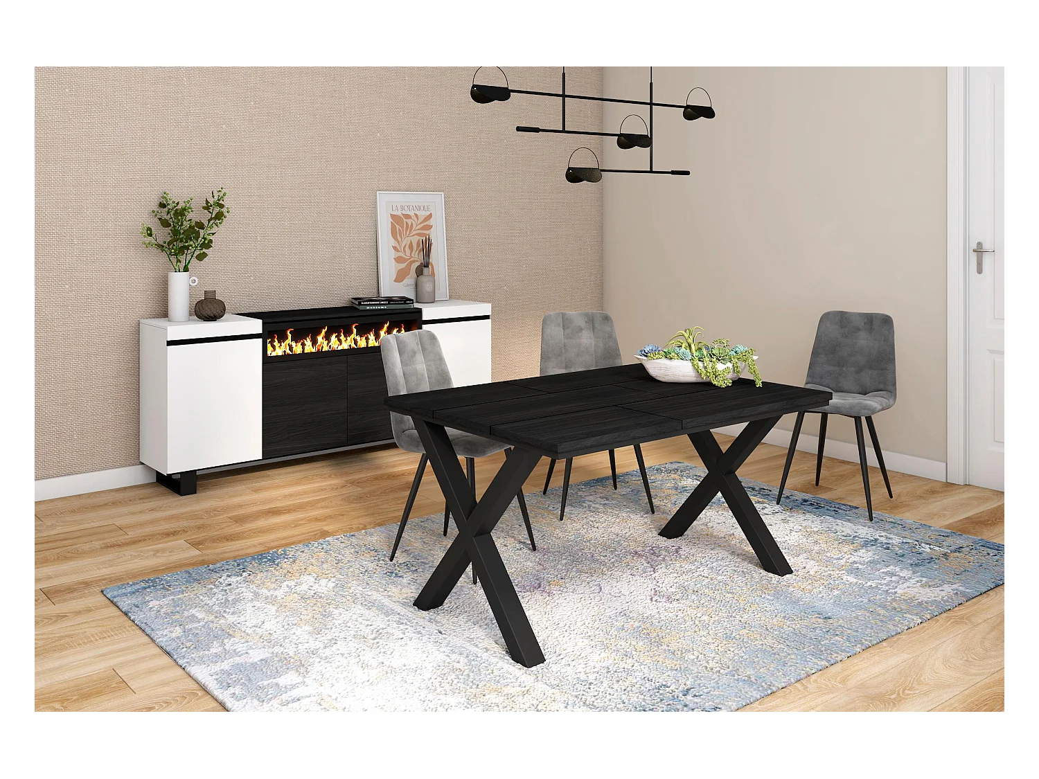 Eettafel, 6 personen, 140x90x75cm, Robuust en stabiel dankzij zijn structuur en solide poten, Zwart, Industriële stijl